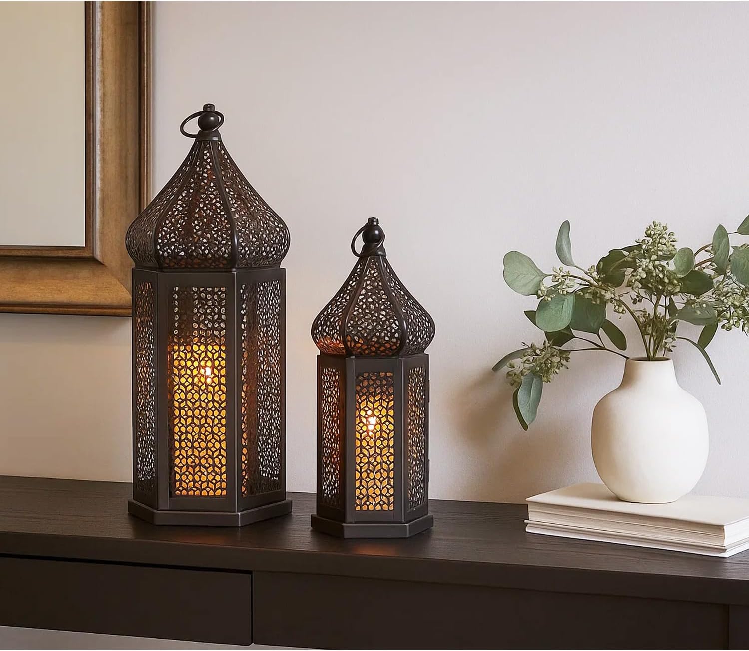 Vela Lanterns Decorative Indoor Black Moroccan Temple Lanterns, Set of 2 | Black Ramadan Decorations for Home, Eid