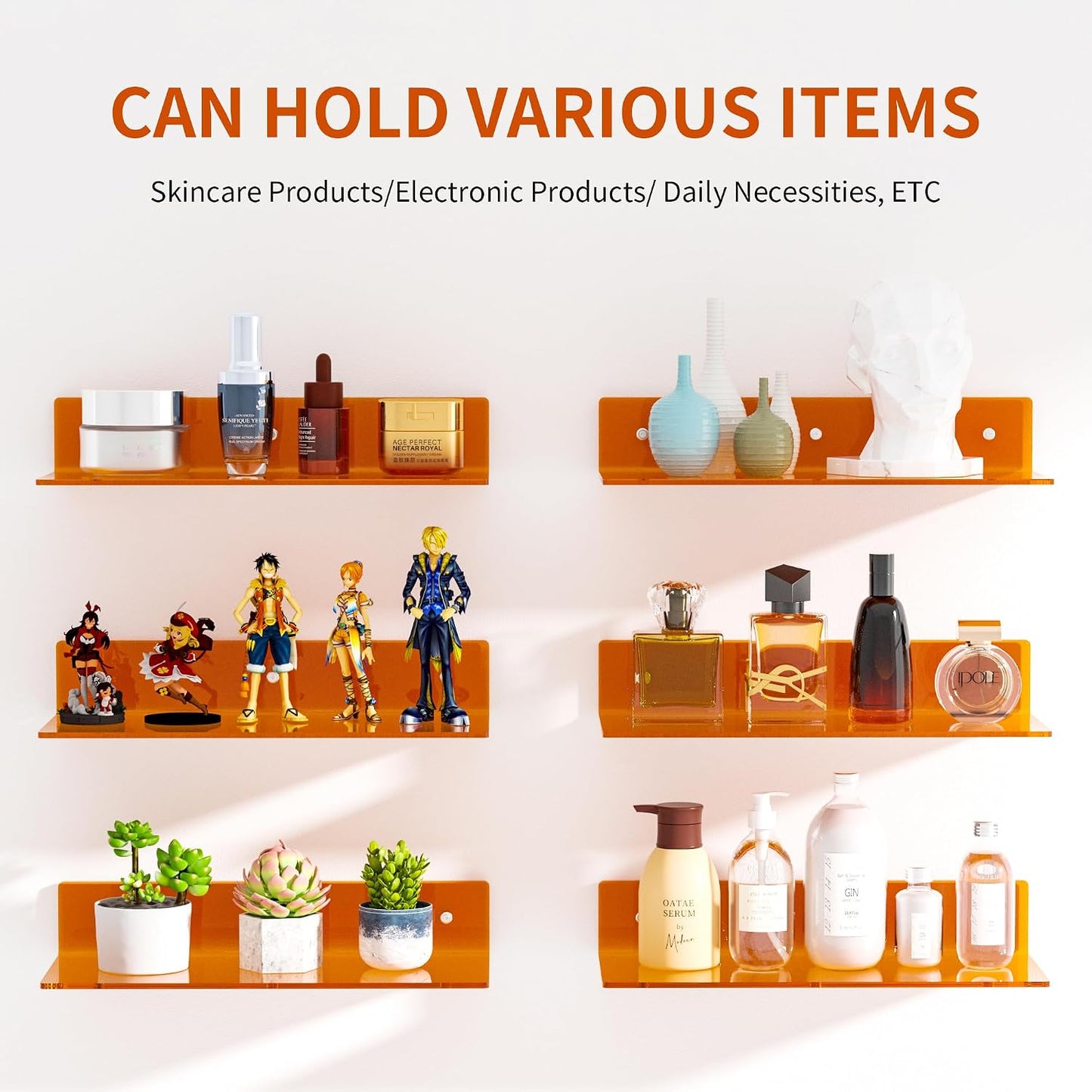 Sezanrpt 15 Inches Orange Acrylic Wall Shelves 2 Pack, L Shape Floating Shelf, Perspex Wall Mounted Shelves for Home