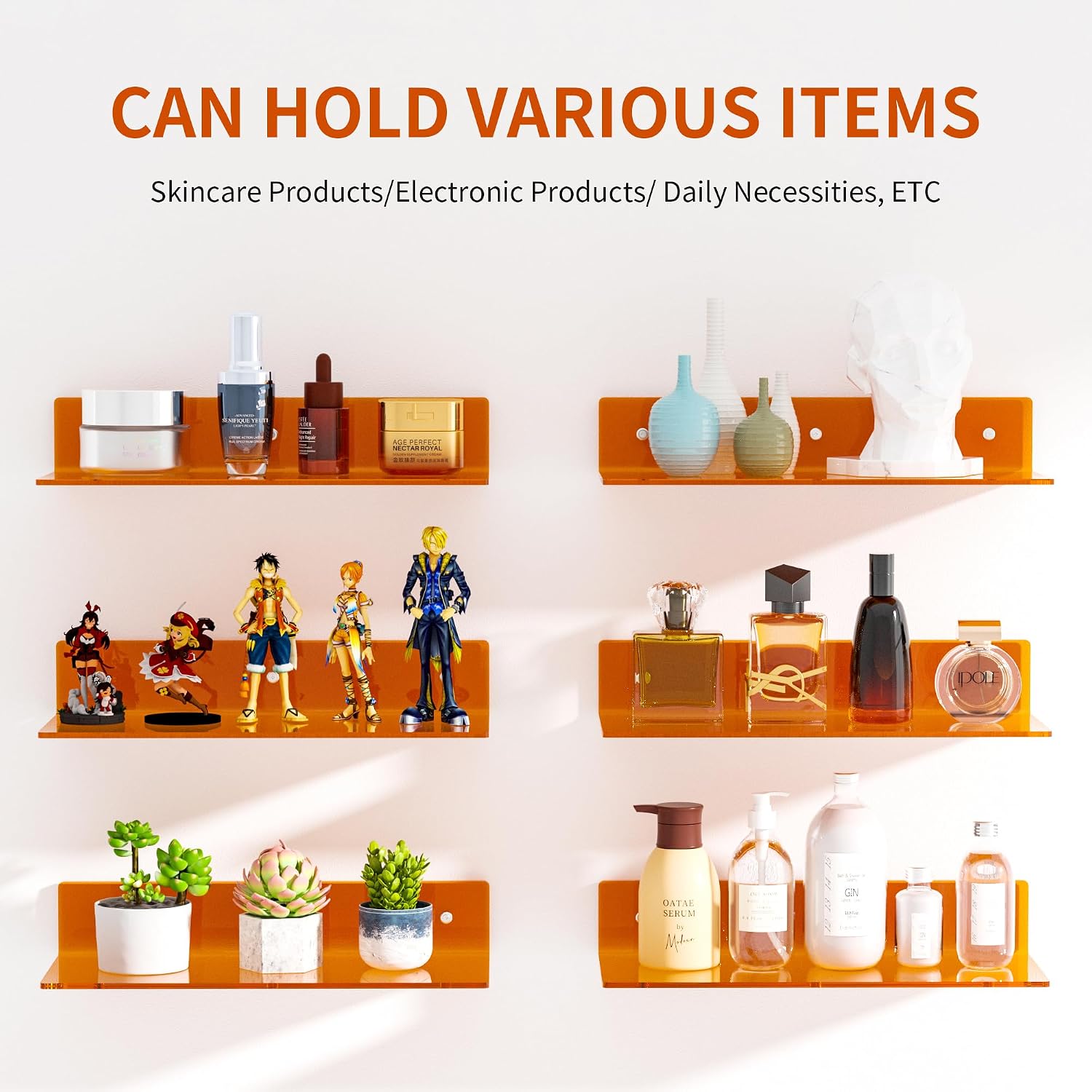 Sezanrpt 15 Inches Orange Acrylic Wall Shelves 2 Pack, L Shape Floating Shelf, Perspex Wall Mounted Shelves for Home