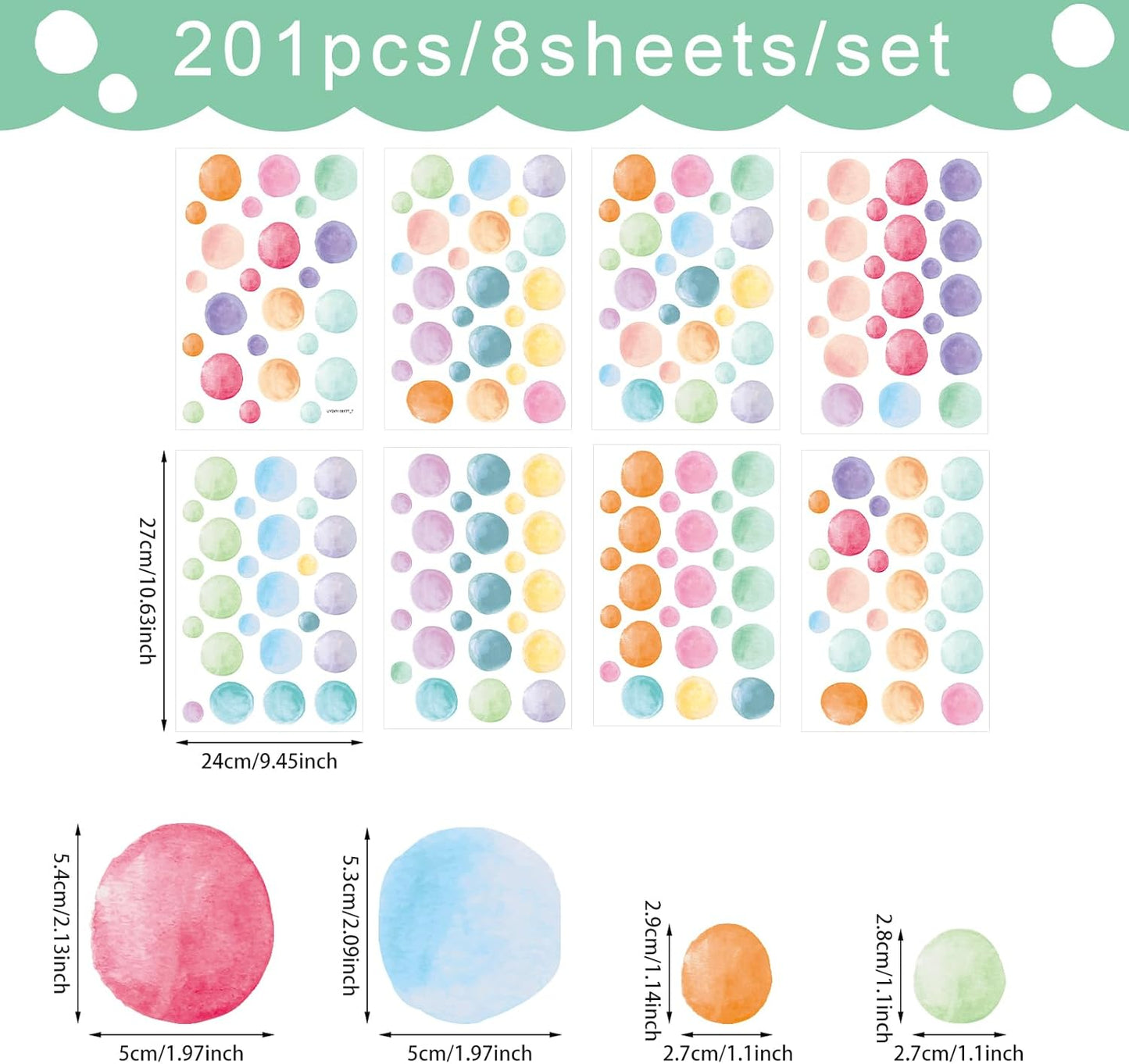Peel and Stick Boho Rainbow Wall Stickers / Watercolor Polka Dots / Set of 201