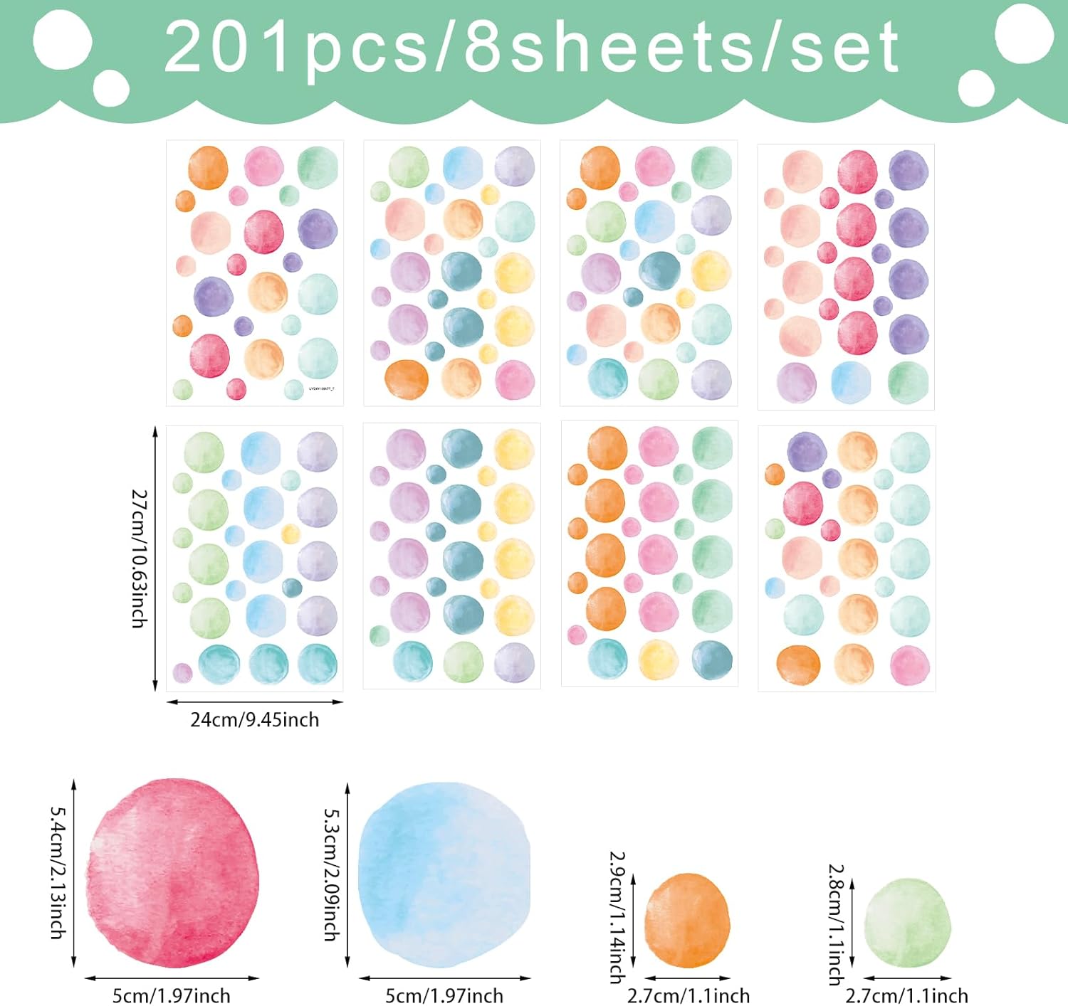 Peel and Stick Boho Rainbow Wall Stickers / Watercolor Polka Dots / Set of 201