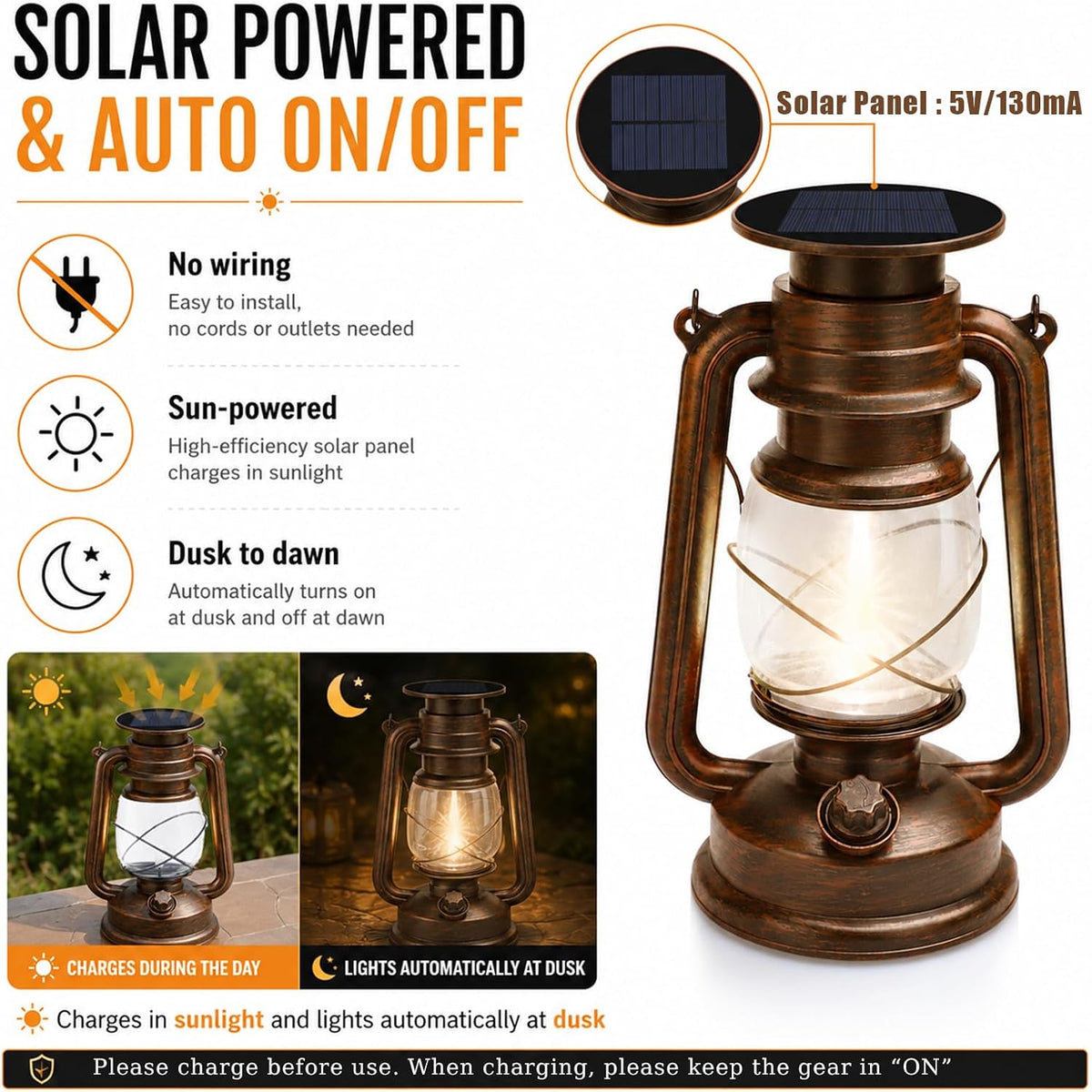2 Pack Vintage Hanging Solar Lanterns Outdoor, IP65 Waterproof | 2 Modes (Steady & Flickering), Auto On/Off - Rustic