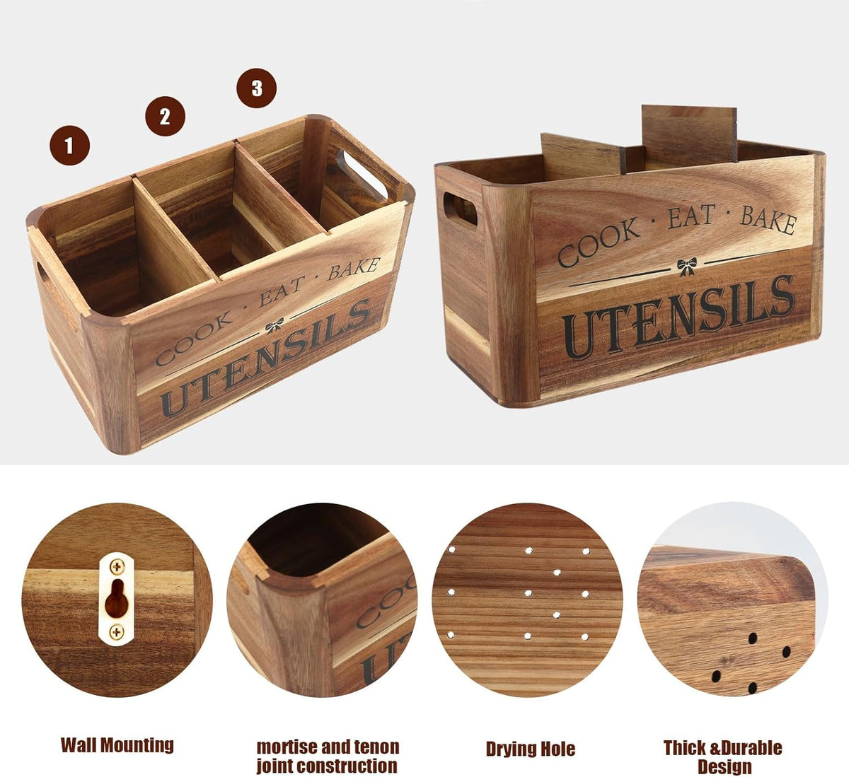 Utensil Holder for Kitchen Countertop - Extra Large 3 Compartment Wooden Organizer in Acacia Wood, Storage for Cooking