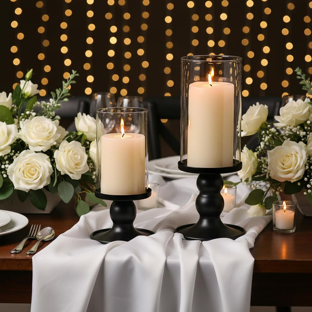 NITIME 4Pcs Hurricane Candle Holder for Pillar Candles, Black Candle Holders with Clear Glass Sleeve for Table