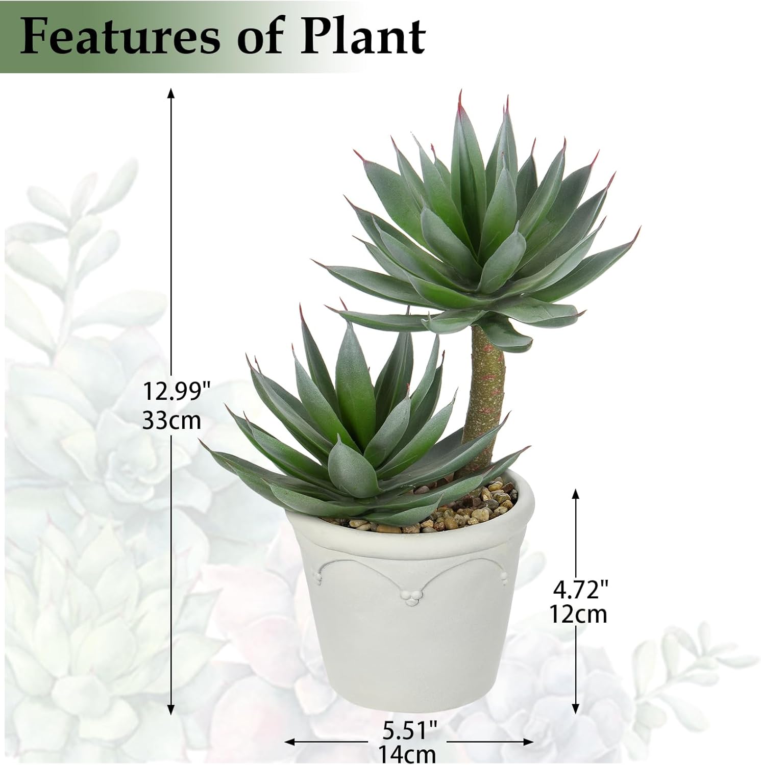 Large Artificial Succulent Plants Fake Agave Succulents Potted 13" Faux / Light Green-white Pot