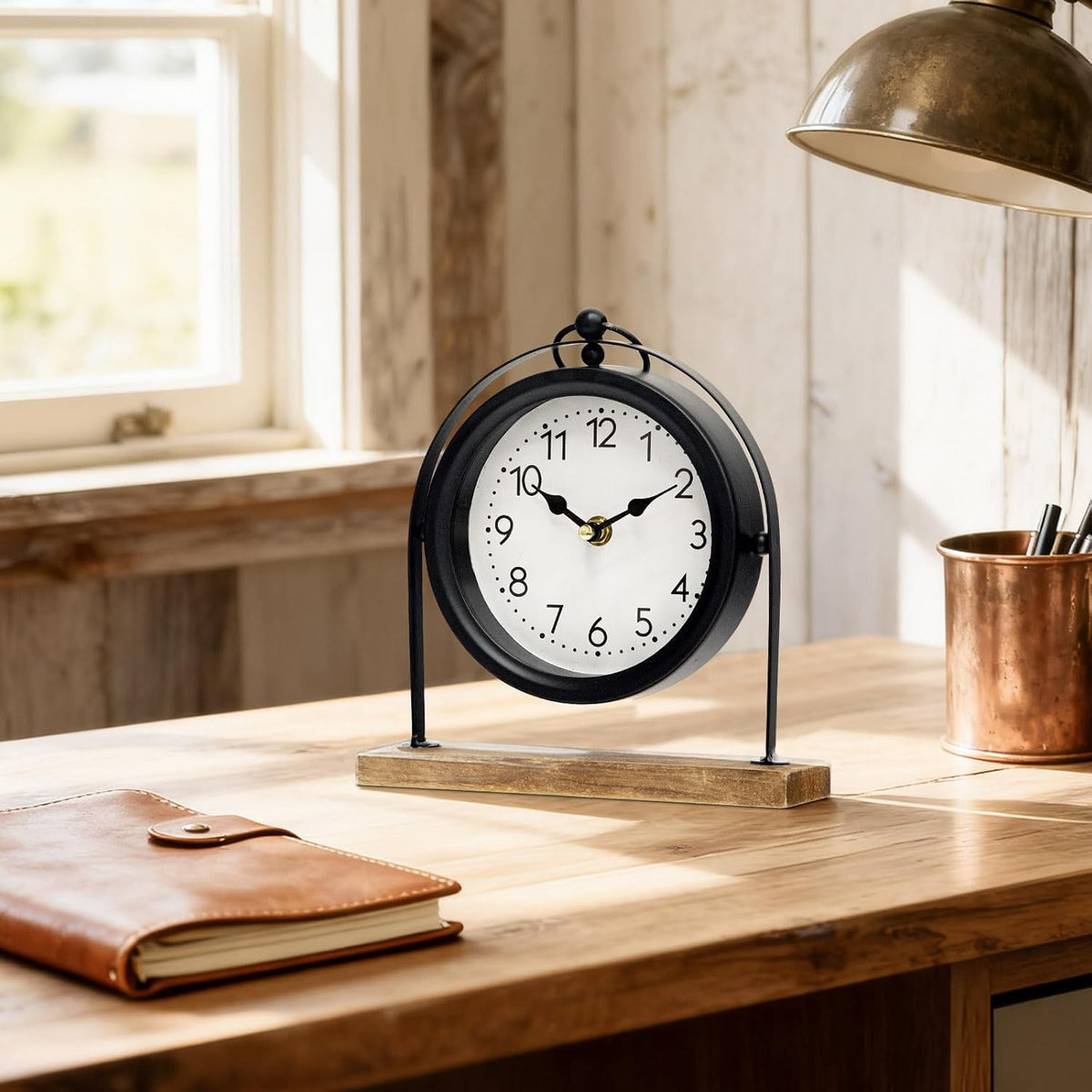 Vintage Small Table Clock, Black Metal Farmhouse Table Clock with Wooden Base, Silent Non-Ticking Battery Operated Desk