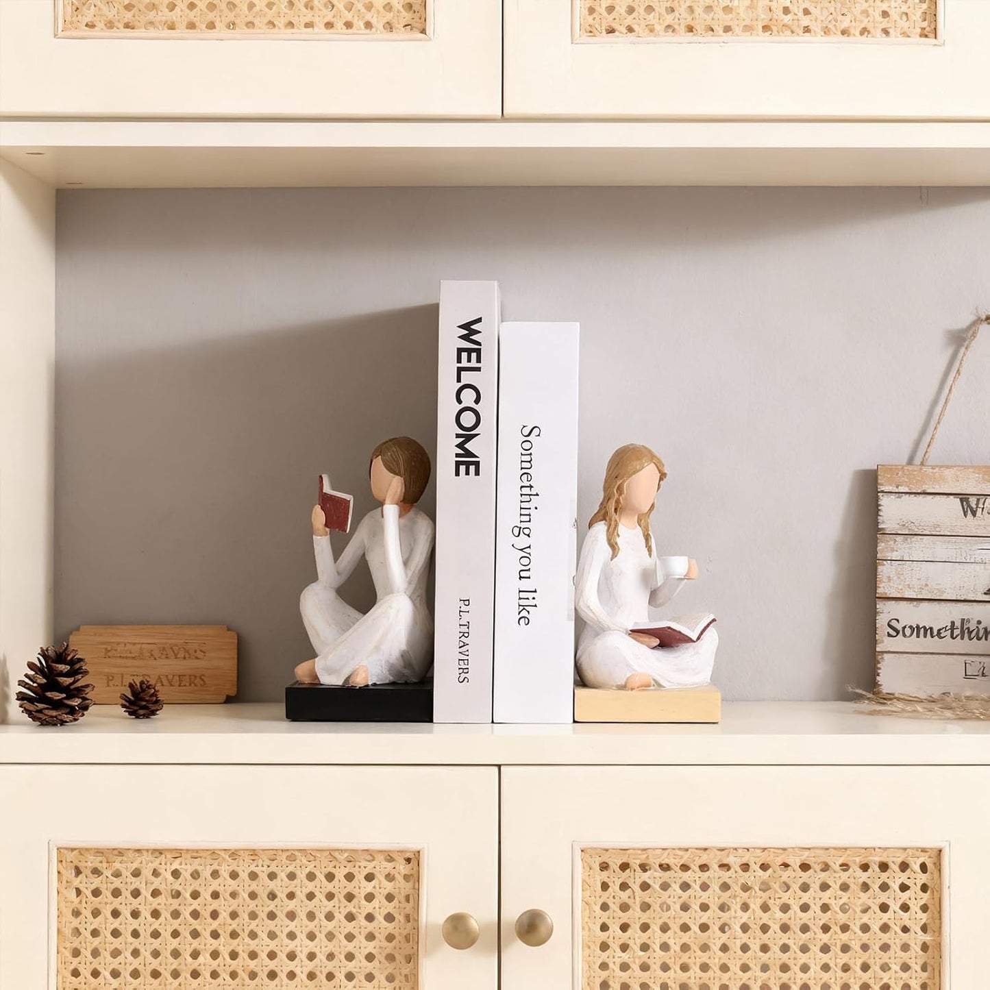Reading Girl Bookends for Women / Beige / Set of 2