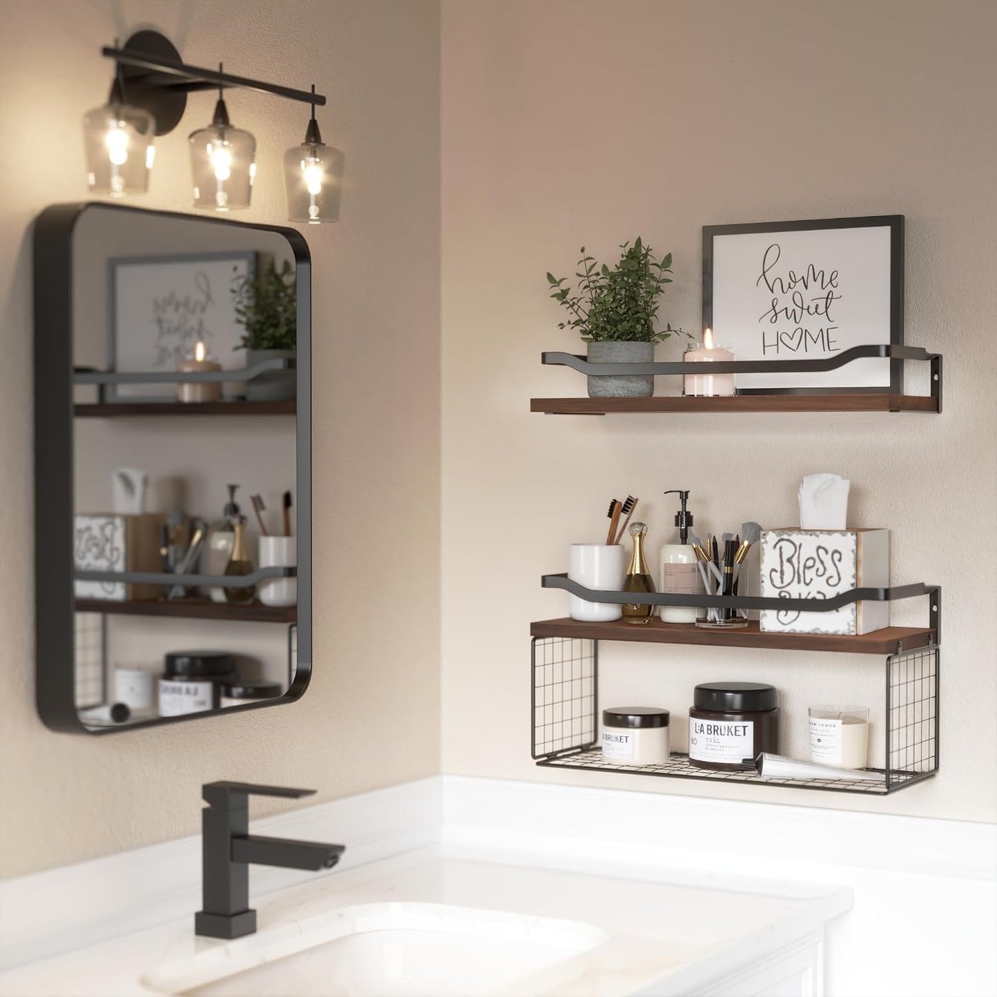 Floating Shelves with Wire Storage Basket, Bathroom Shelves Over Toilet with Protective Metal Guardrail, Wood Wall
