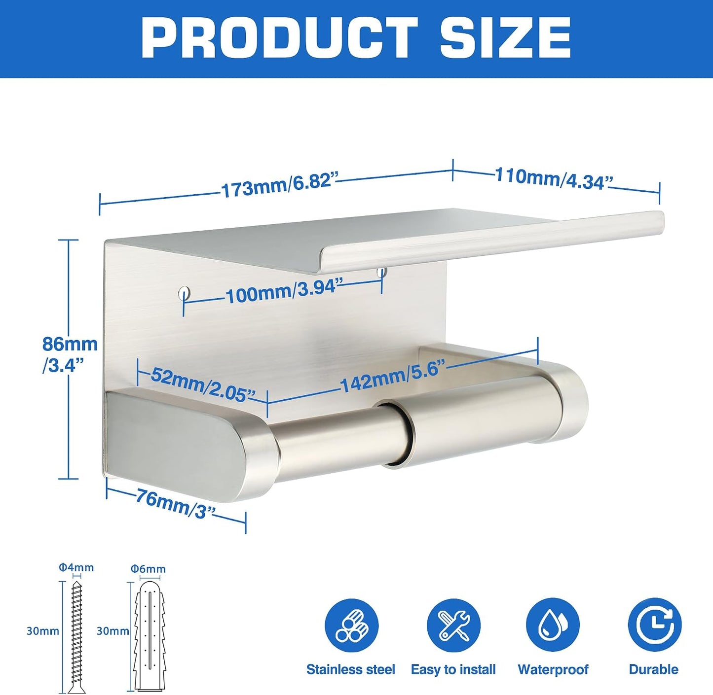 Alise Toilet Paper Holder with Shelf Wall Mount Adhesive or Drill,Brushed | SUS304 Stainless Steel Toilet Paper Roll
