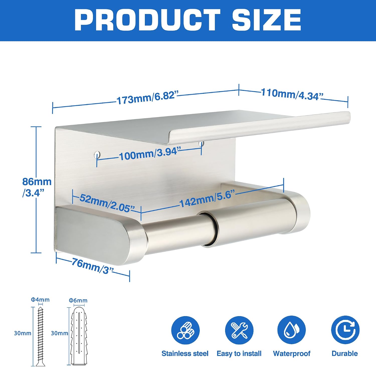 Alise Toilet Paper Holder with Shelf Wall Mount Adhesive or Drill,Brushed | SUS304 Stainless Steel Toilet Paper Roll