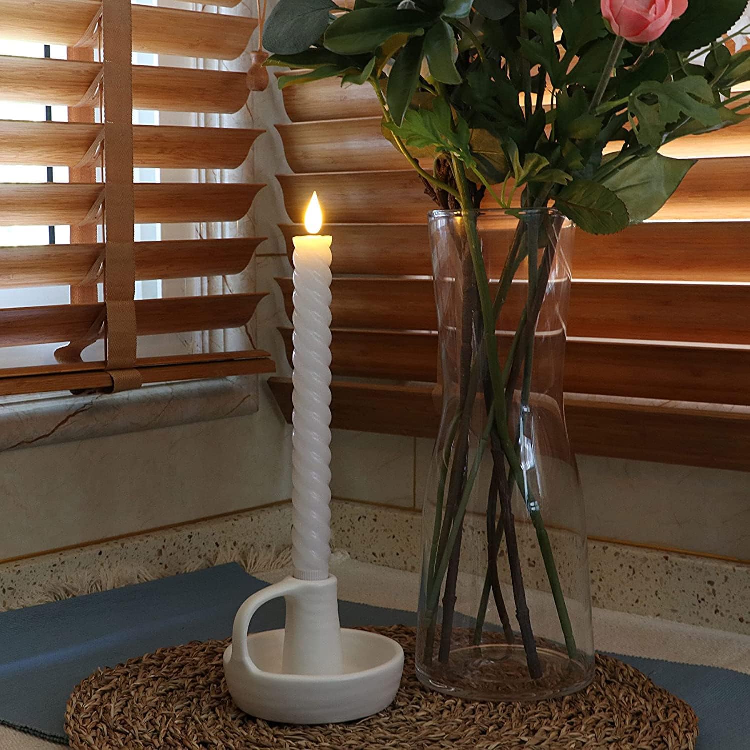 Rhytsing 10" White Flameless Twist Taper Candles with Timer, Battery Operated Spiral Candlesticks, Warm White Light