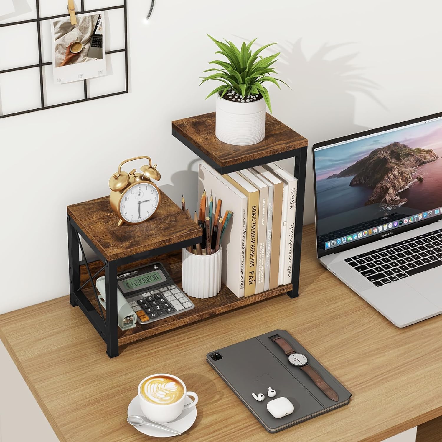 Wood Desk Organizers Storage Rack and Freestanding Display / Rustic Brown