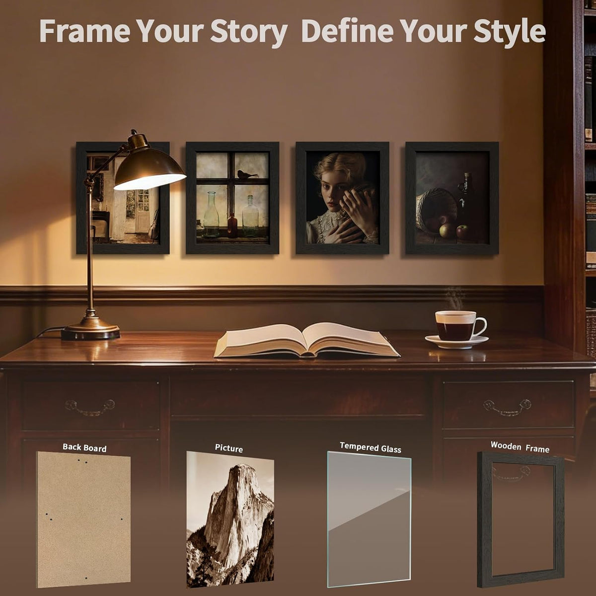 8x10 Picture Frame 4 Pack, Black Solid Wood Photo Frame with Glass | Tempered Glass, Thick & Wide Border, Vertical or