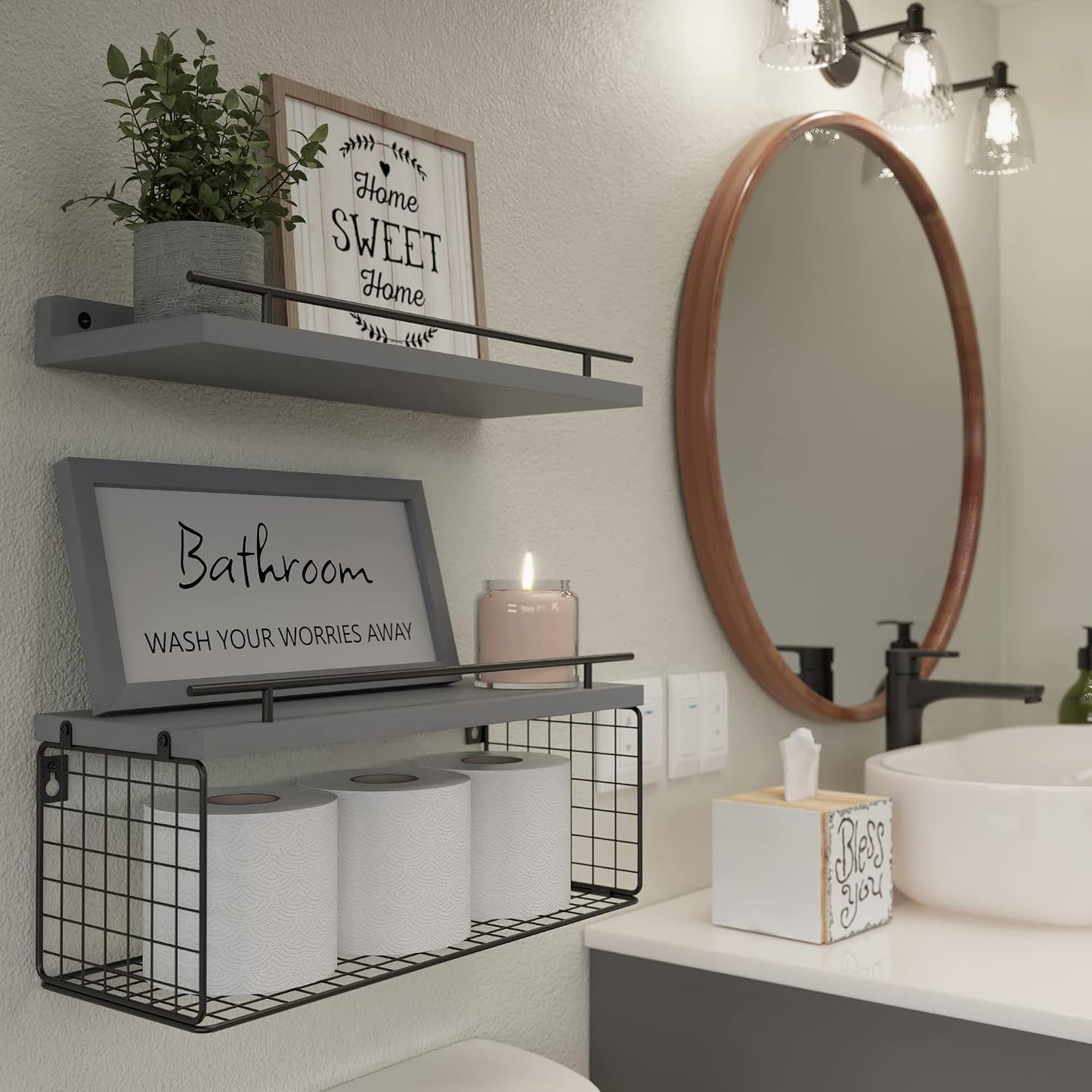 Floating Shelves for Bathroom Decor Art, Modern Grey | Bathroom Organizers and Storage, Wall Shelves Over Toilet with