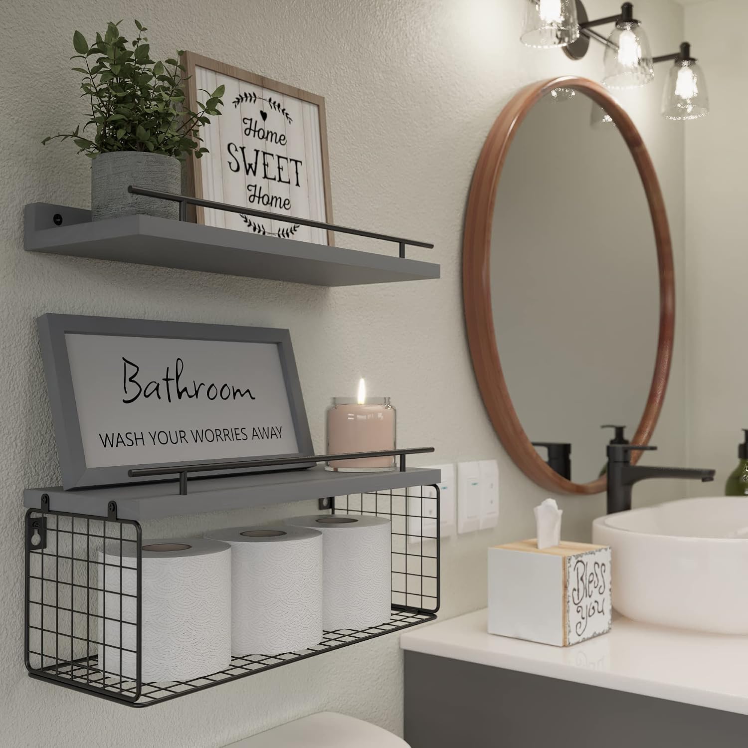 Floating Shelves for Bathroom Decor Art, Modern Grey | Bathroom Organizers and Storage, Wall Shelves Over Toilet with