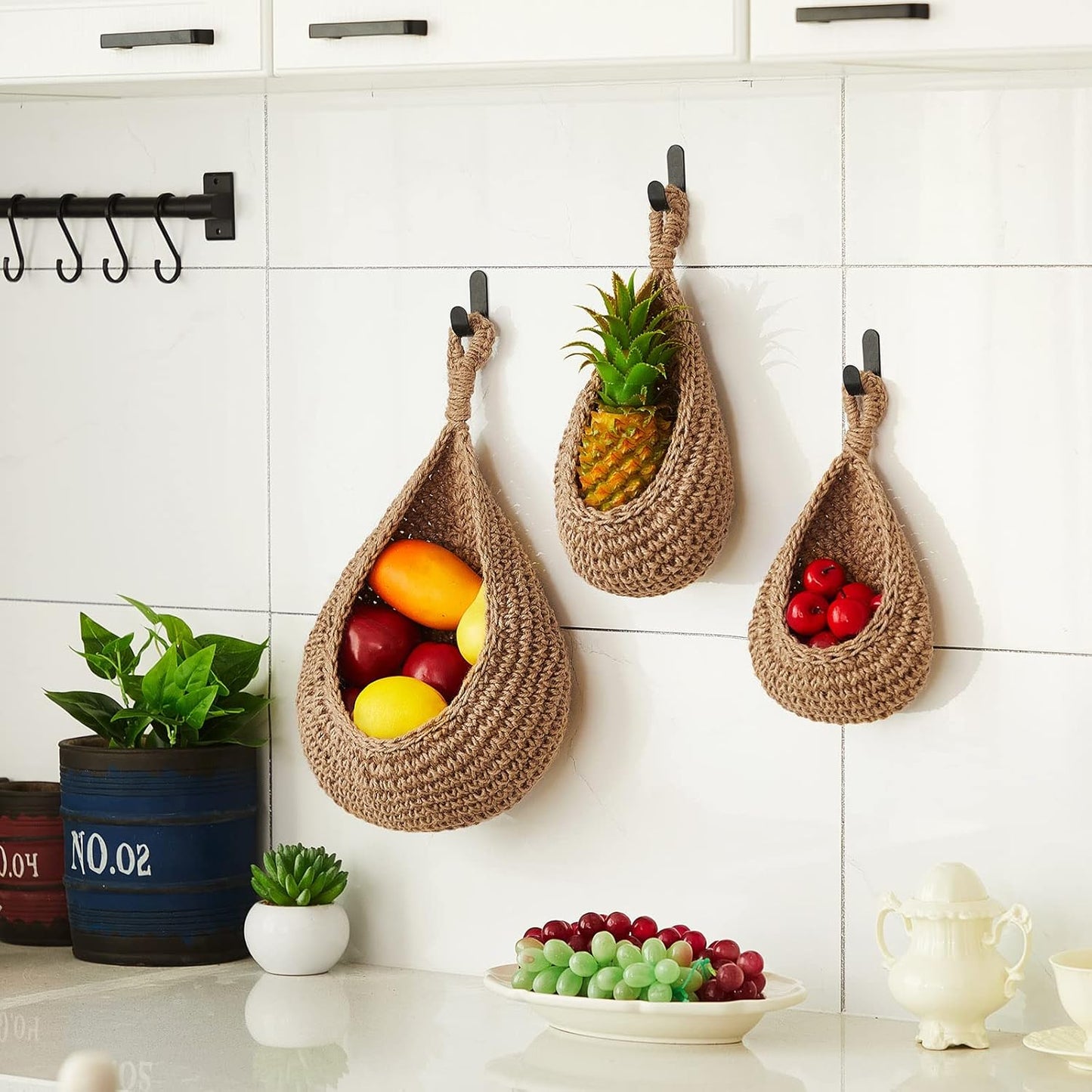 Boho Decor Hanging Wall Baskets / Linen / Jute / Teardrop / Set of 3