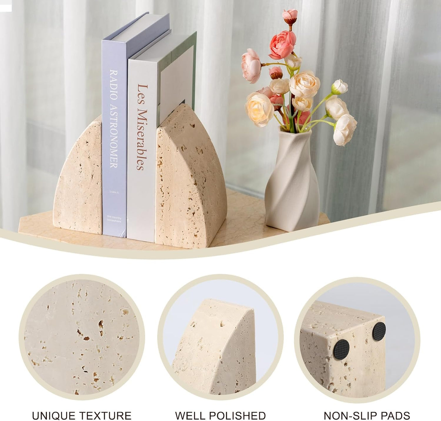 Travertine Bookends / Non-Slip Heavy Duty Book Stopper / Sail-travertine