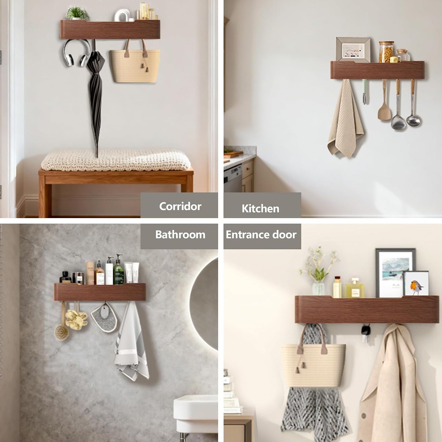 Wooden Entryway Organizer / Walnut / 4 Hooks
