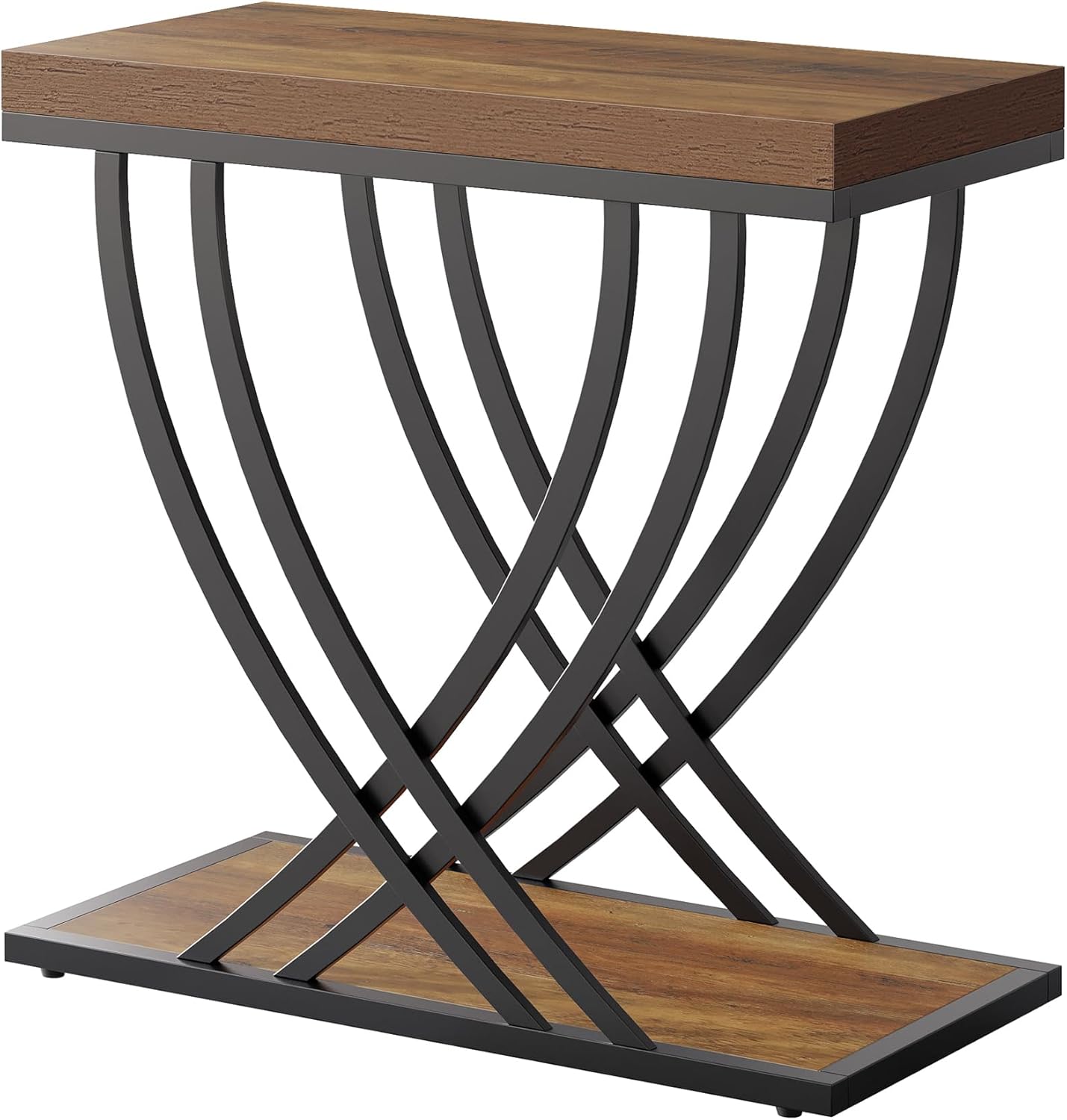 Metal Frame / 2-Tier Narrow End Table / Rustic Brown