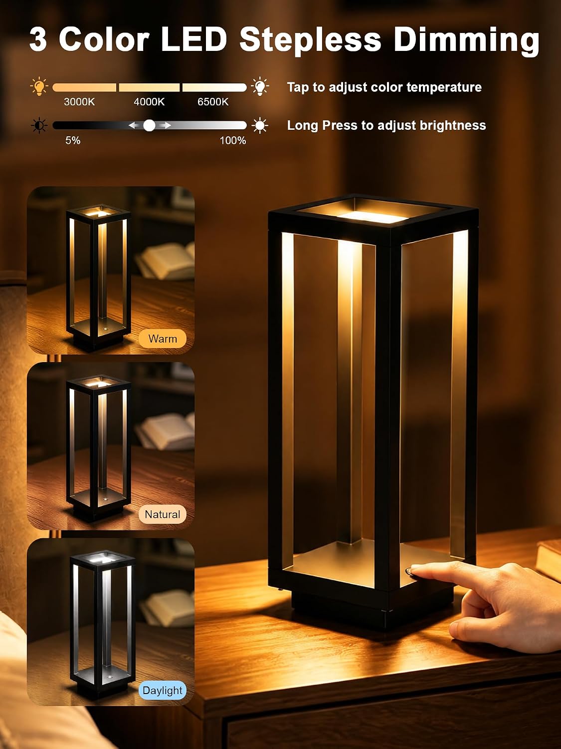 Cordless Table Lamp,Outdoor Rechargeable Table Lamp Waterproof Battery | 165H Runtime Modern Black Outdoor Lamp with