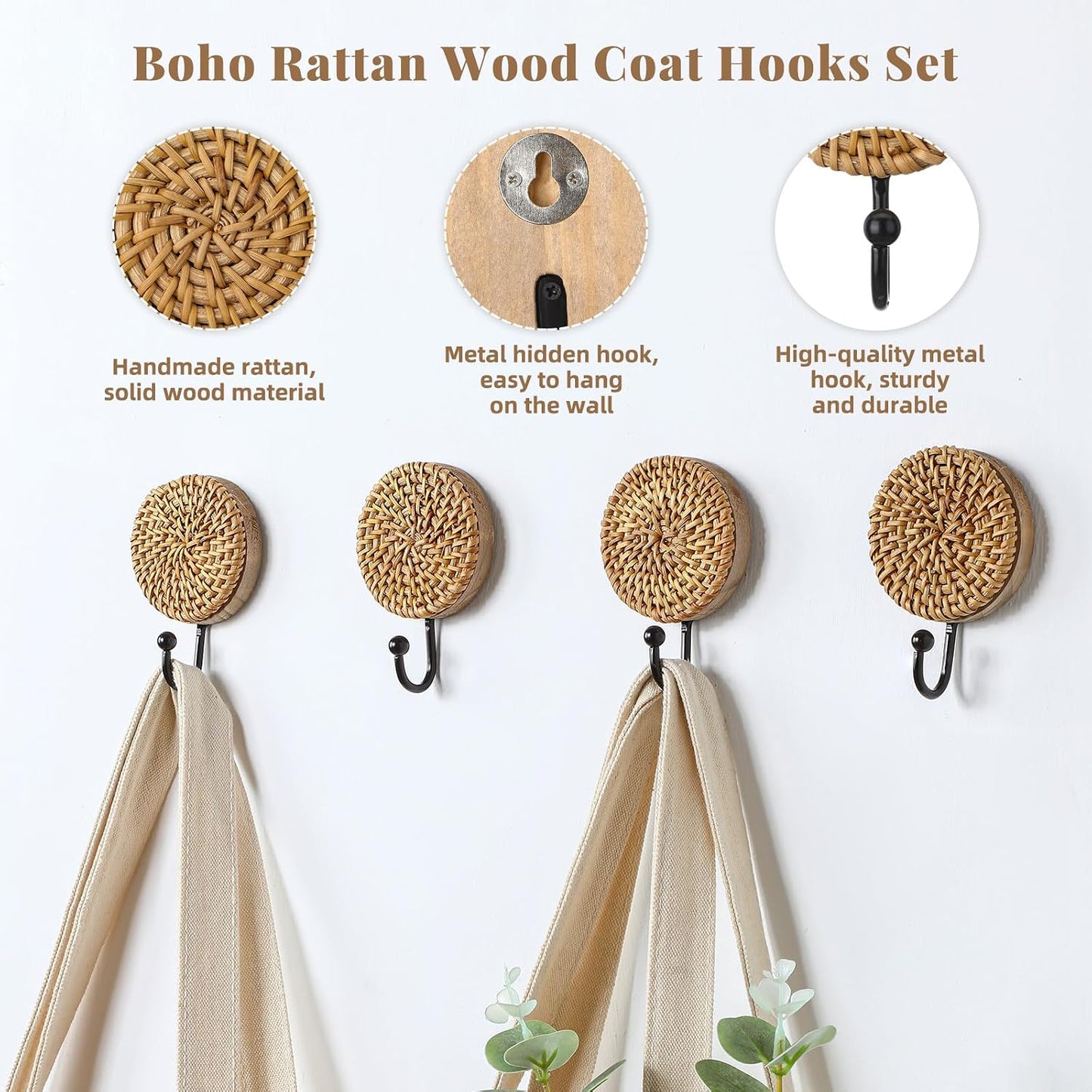Boho Rattan Wall Towel Hooks Decorative Woven Hanging Holder Farmhouse Coat Rack / Round / Set of 4