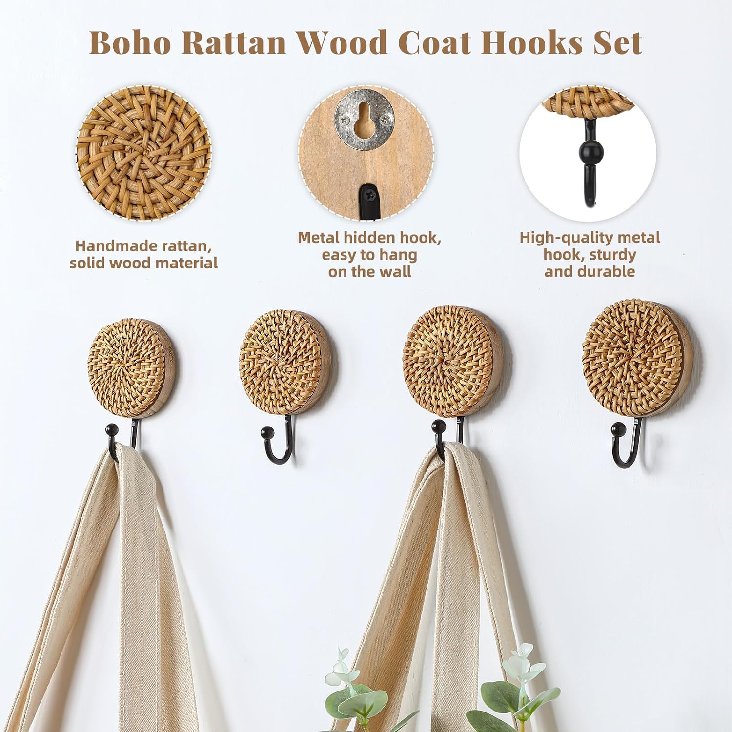 Boho Rattan Wall Towel Hooks Decorative Woven Hanging Holder Farmhouse Coat Rack / Round / Set of 4