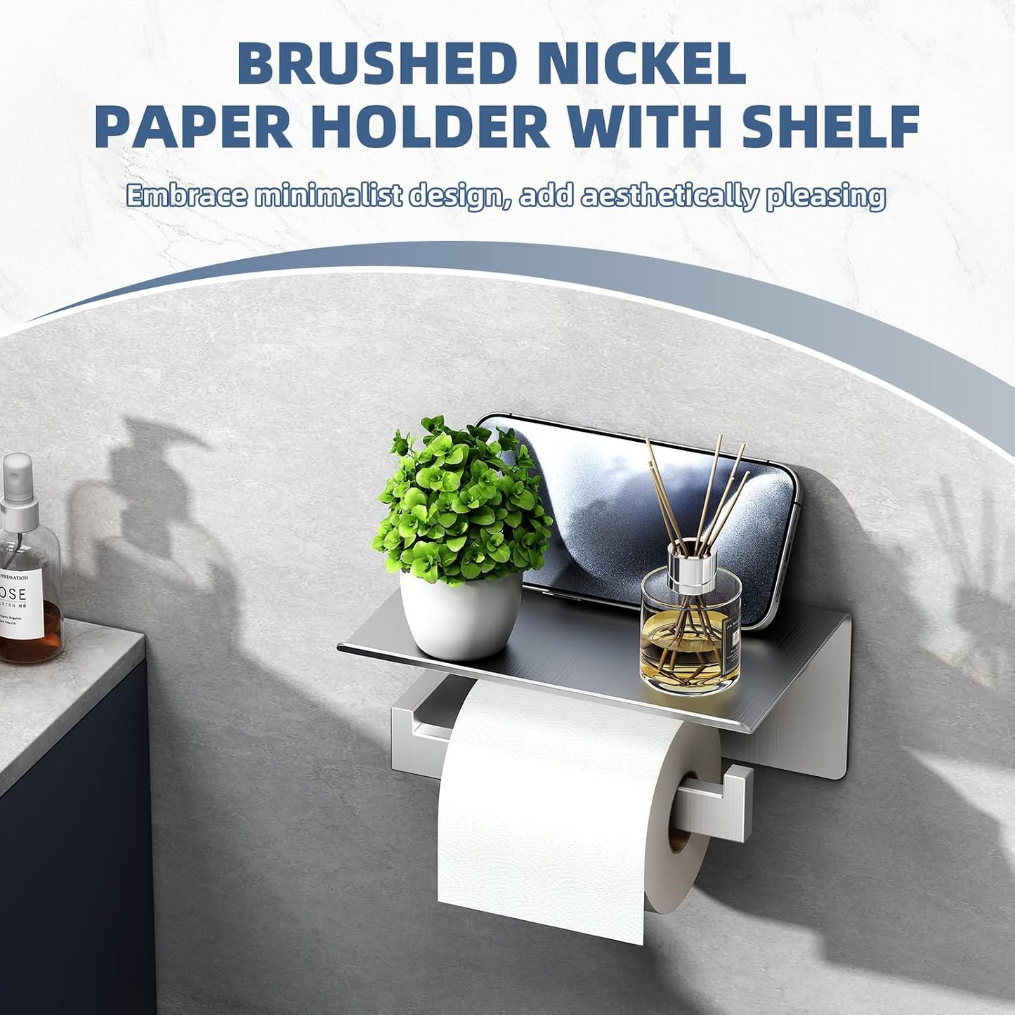 APLusee Toilet Roll Holder with Shelf, Brushed Nickel, 304 Stainless Steel | Phone & Small-Item Storage, Clean Modern