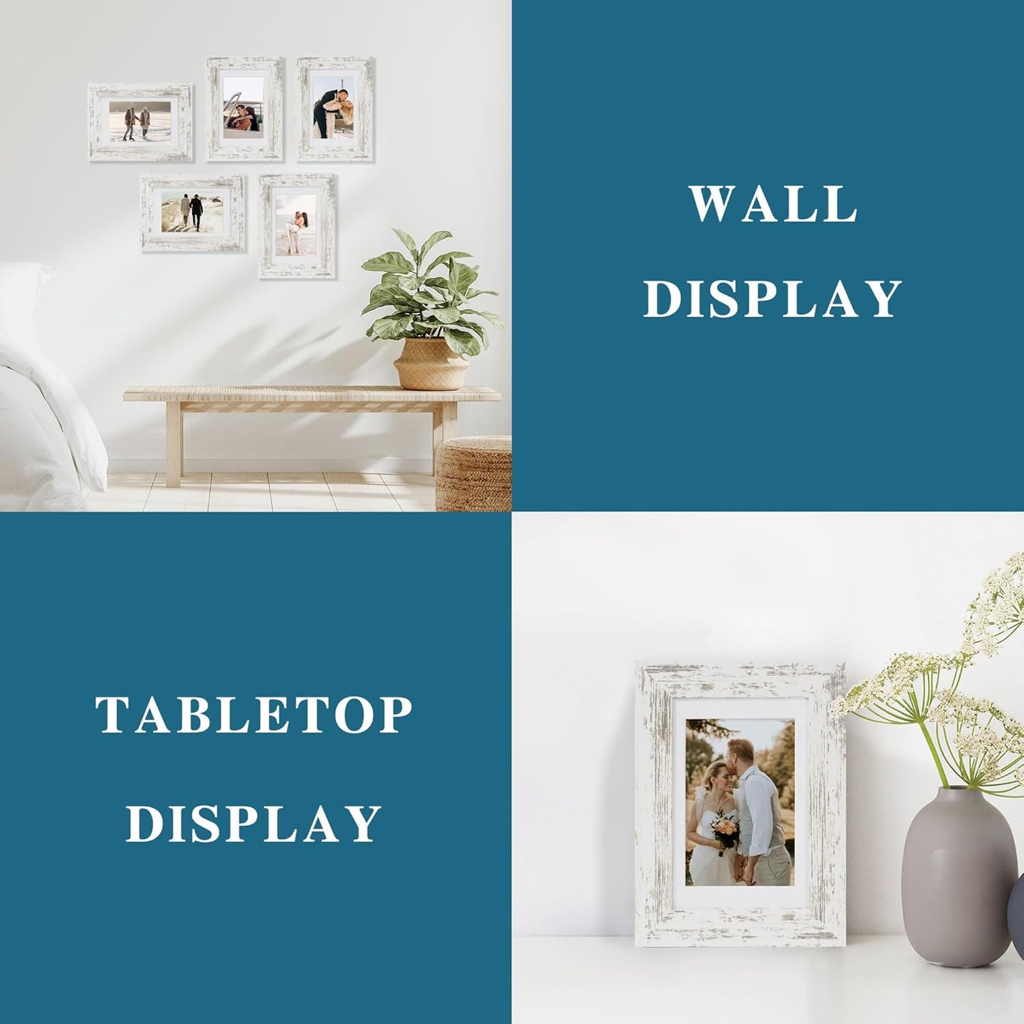 Made of Real Glass and Wooden Frame / Distressed White / 5 x 7 / Set of 2