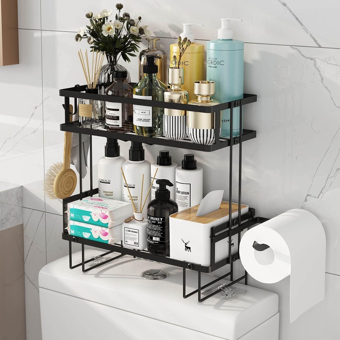 2-Tier Over Toilet Storage Shelf, Wall-Mount with 2 Hook/Paper Rack | Bathroom Organizers and Storage Cabinet