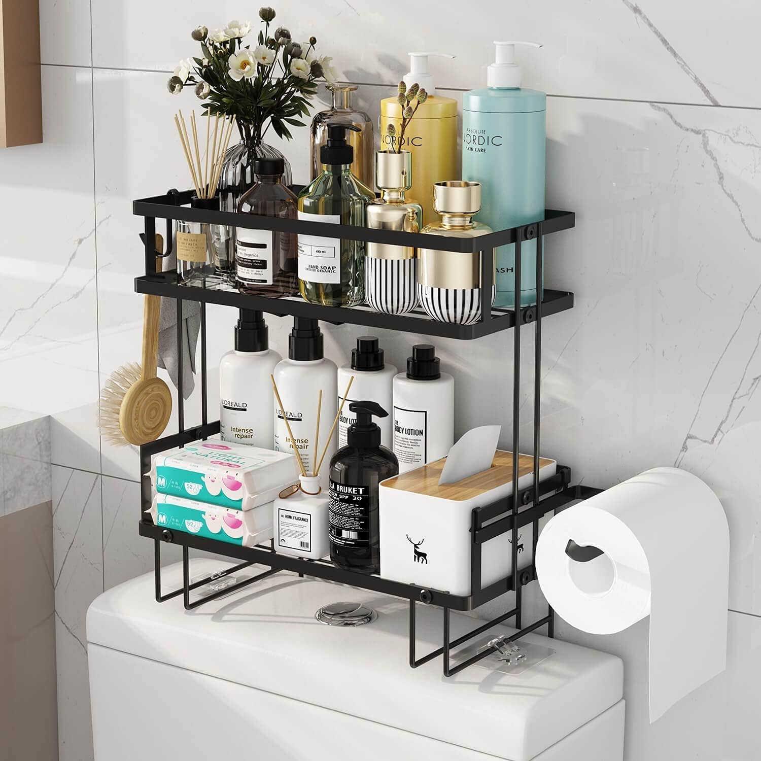 2-Tier Over Toilet Storage Shelf, Wall-Mount with 2 Hook/Paper Rack | Bathroom Organizers and Storage Cabinet