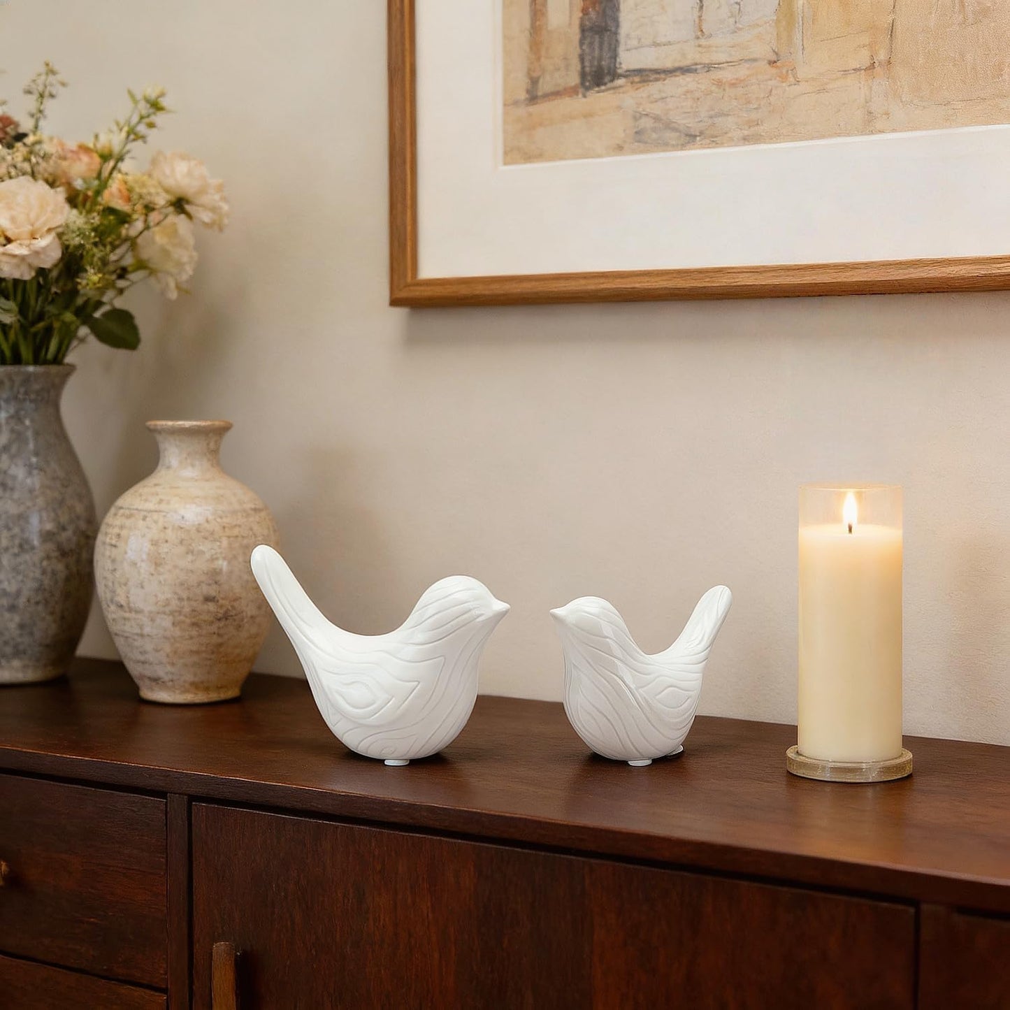 Small Ceramic Birds Statue / White / Set of 2