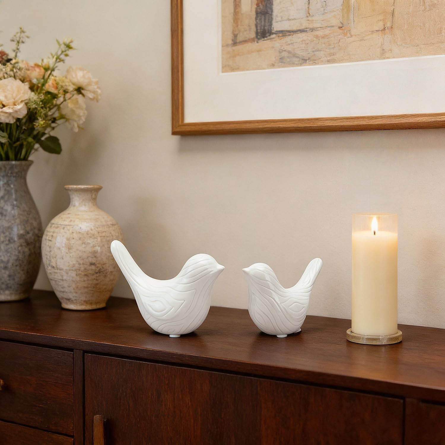 Small Ceramic Birds Statue / White / Set of 2