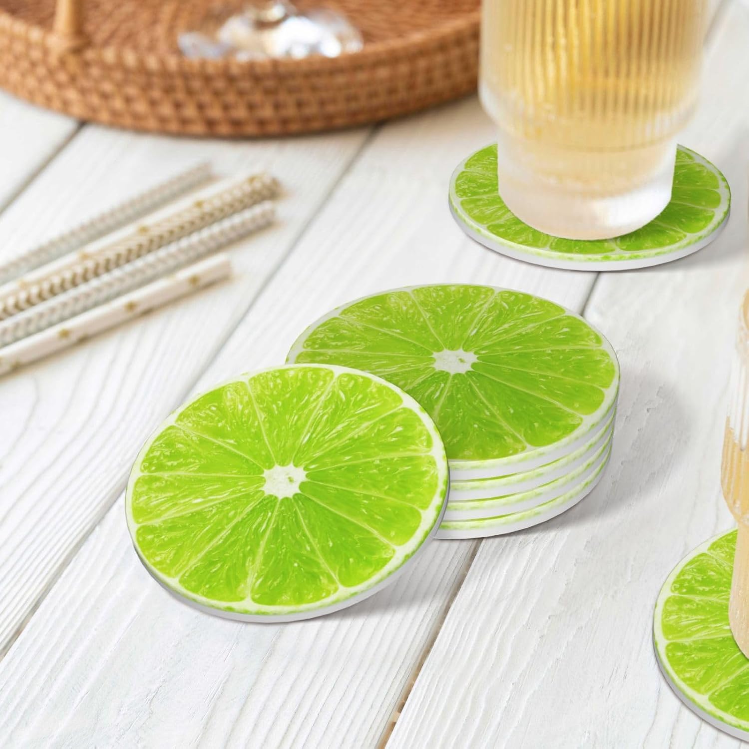 Funny Fruit Ceramic Coasters / Green Lime Lemon / Round / Set of 4