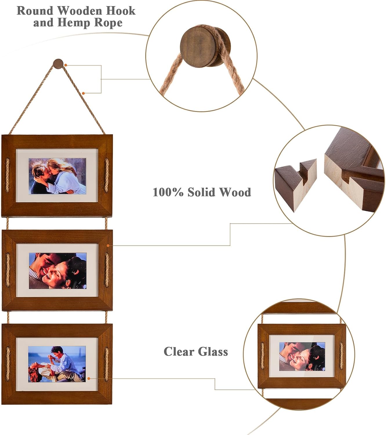 DLQuarts 5x7 Hanging Picture Frames Collage Wall Decor, 3 Opening 5x7 Matted to 3.5x5 Photo Rustic Wood Frame, Dark