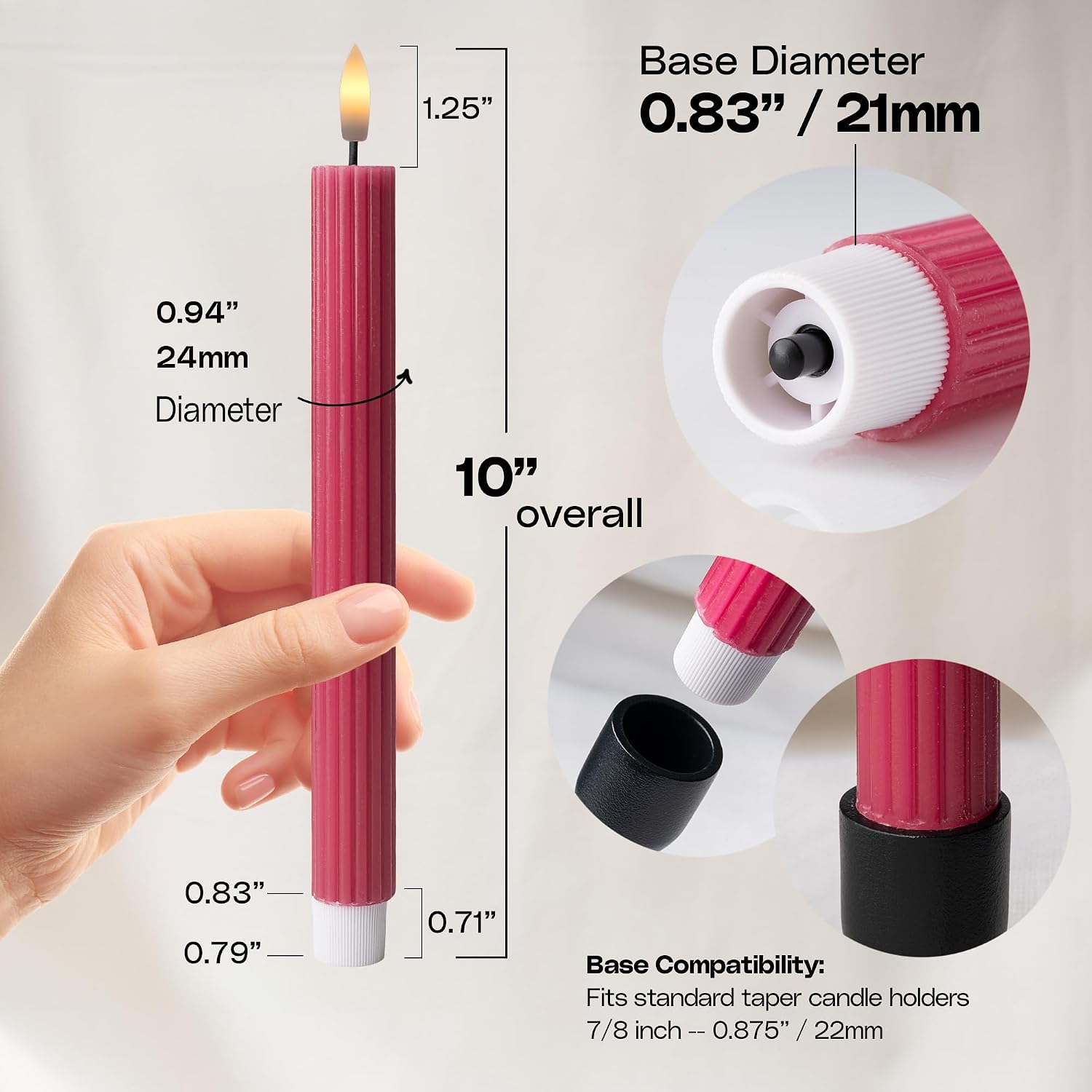 10" Fluted LED Pink Grooved Pillar Candles with 2 Remotes & 24h Timer Memory, On/Off Switch - Flameless Dimmable