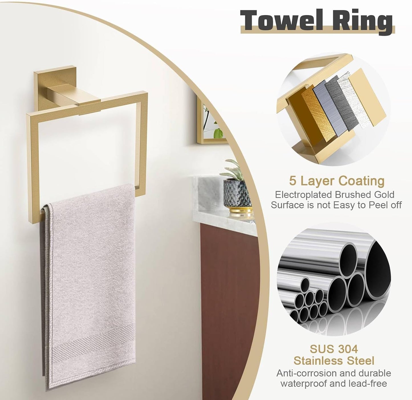 5-Piece Towel Bar Set Brushed Gold Bathroom Hardware Accessories Set Includes Upgraded Double Base Toilet Paper