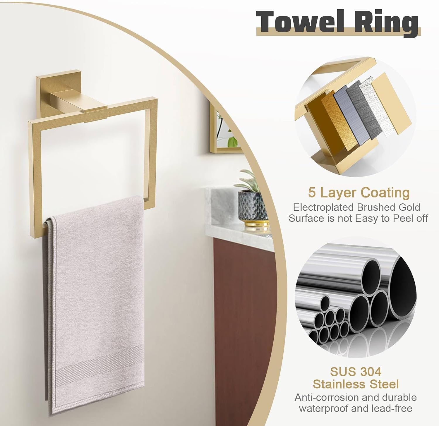5-Piece Towel Bar Set Brushed Gold Bathroom Hardware Accessories Set Includes Upgraded Double Base Toilet Paper