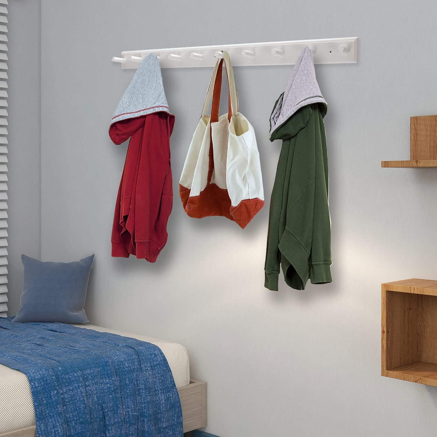 10 Hook Coat Rack Wall Mounted, Long 38 Inches Wooden Wall Coat Hanger with 10 Pegs, 16'' Hole to Hole Wall Coat Hooks