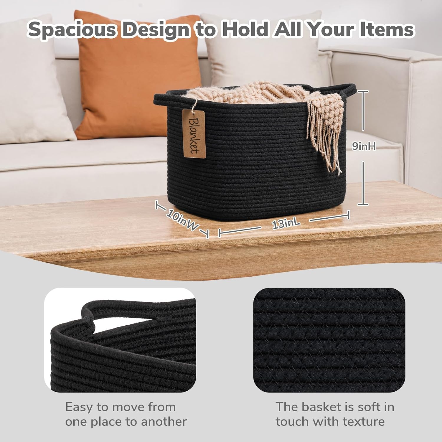 Woven Baskets for Storage / Black / 13"L x 10"W x 9"H