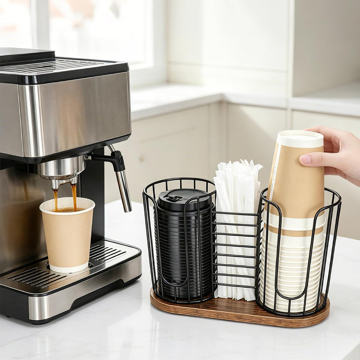 Coffee Cup Holder, 3-in-1 Disposable Cup, Straw & Lid Organizer | Paper Cup Dispenser Rack with Wooden Base, Dispenser
