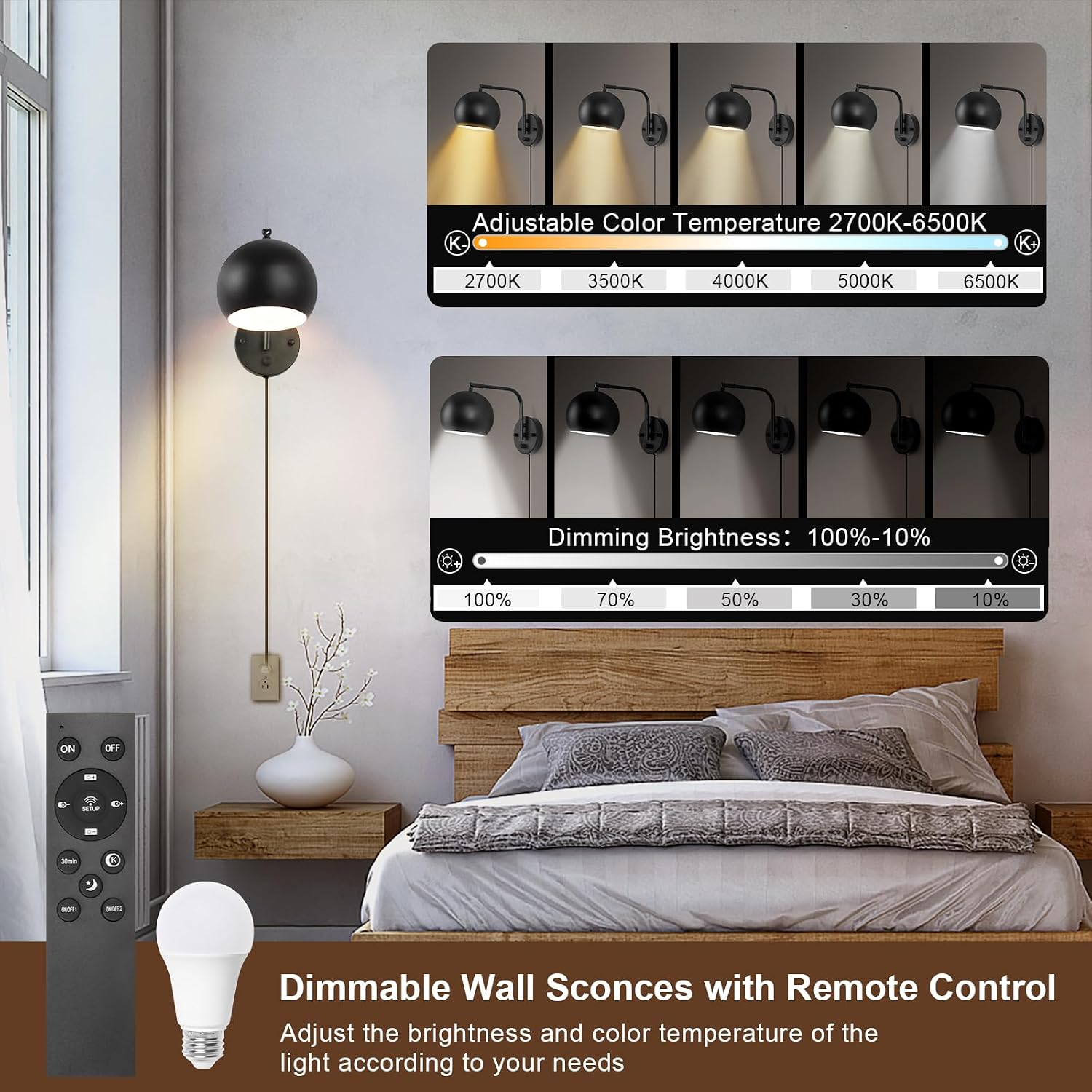 VATONI Wall Sconce with Remote Control, Dimmable Plug in Wall Sconces and Adjustable Color Temperature 2700K~6000K
