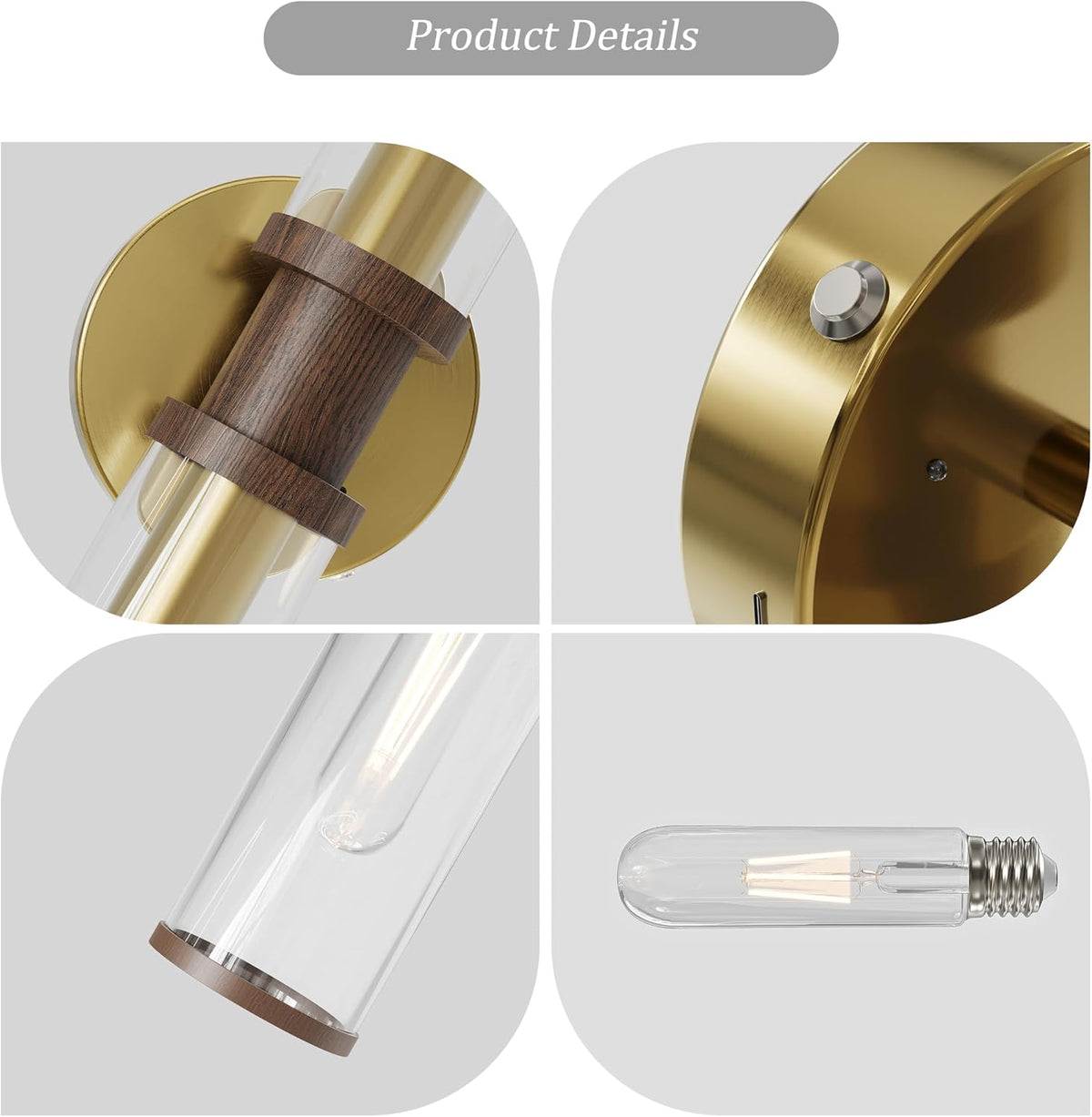Rayogale Gold & Walnut Wireless Battery Operated Wall Sconces with Remote | Glass Rechargeable Wall Lights Set of 2