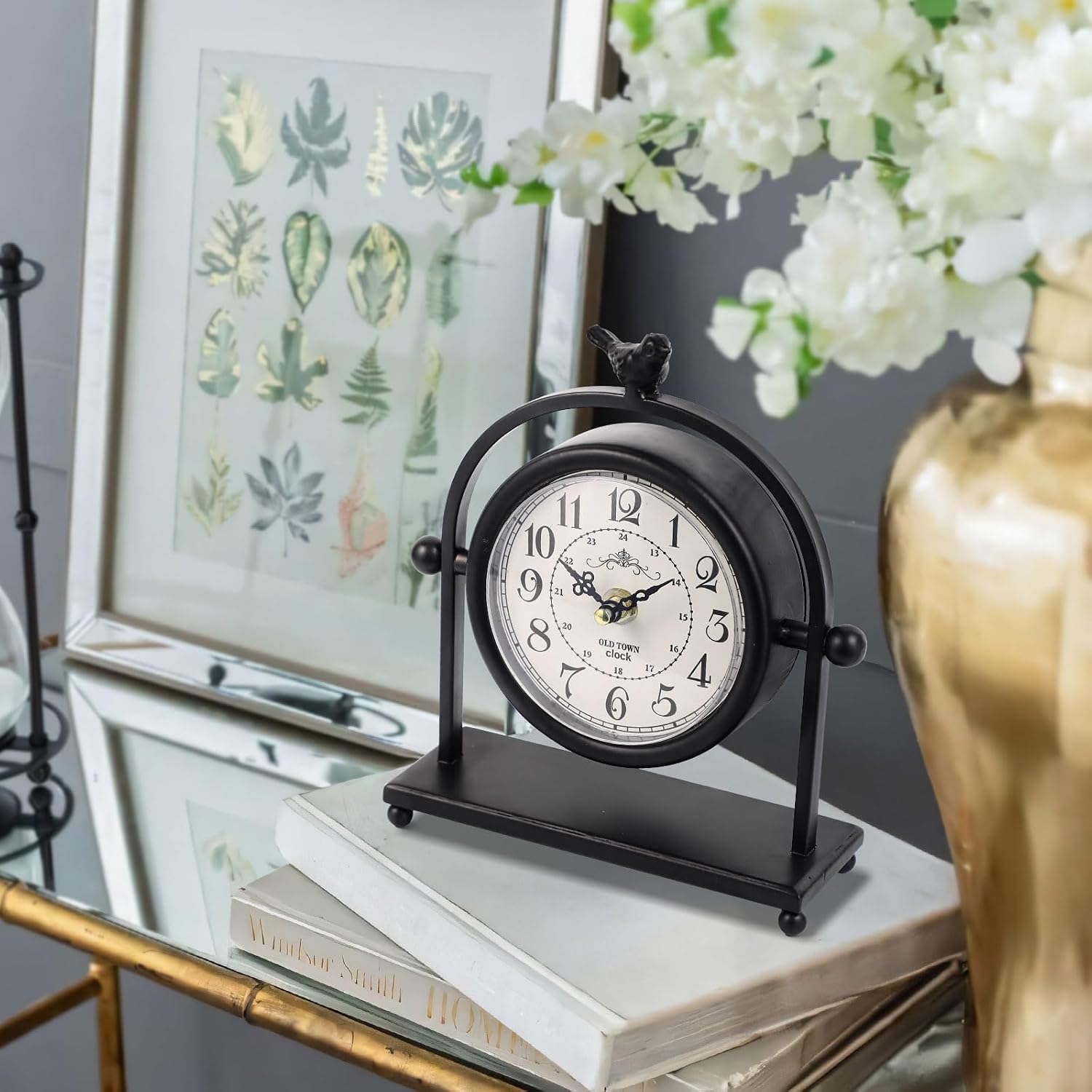 Vintage Farmhouse Table Clock with Bird Topper, Silent Non-Ticking Mantel Clock with Closable Back Cover, Black Iron