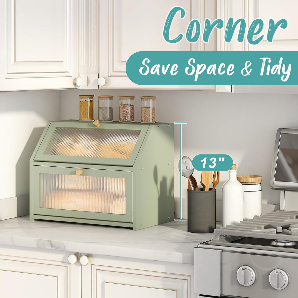 Green Bread Box for Kitchen Counter, Large Bamboo Wood Double Layer Bread Box, Wooden Bread Storage Capacity