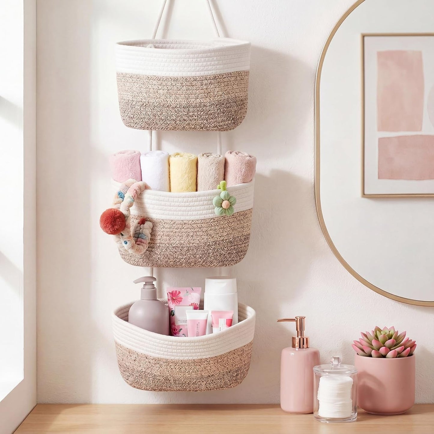 5 Tier Over The Door Hanging Basket Boho Woven Cotton Wall Mounted Storage Organizer Bag / Brown