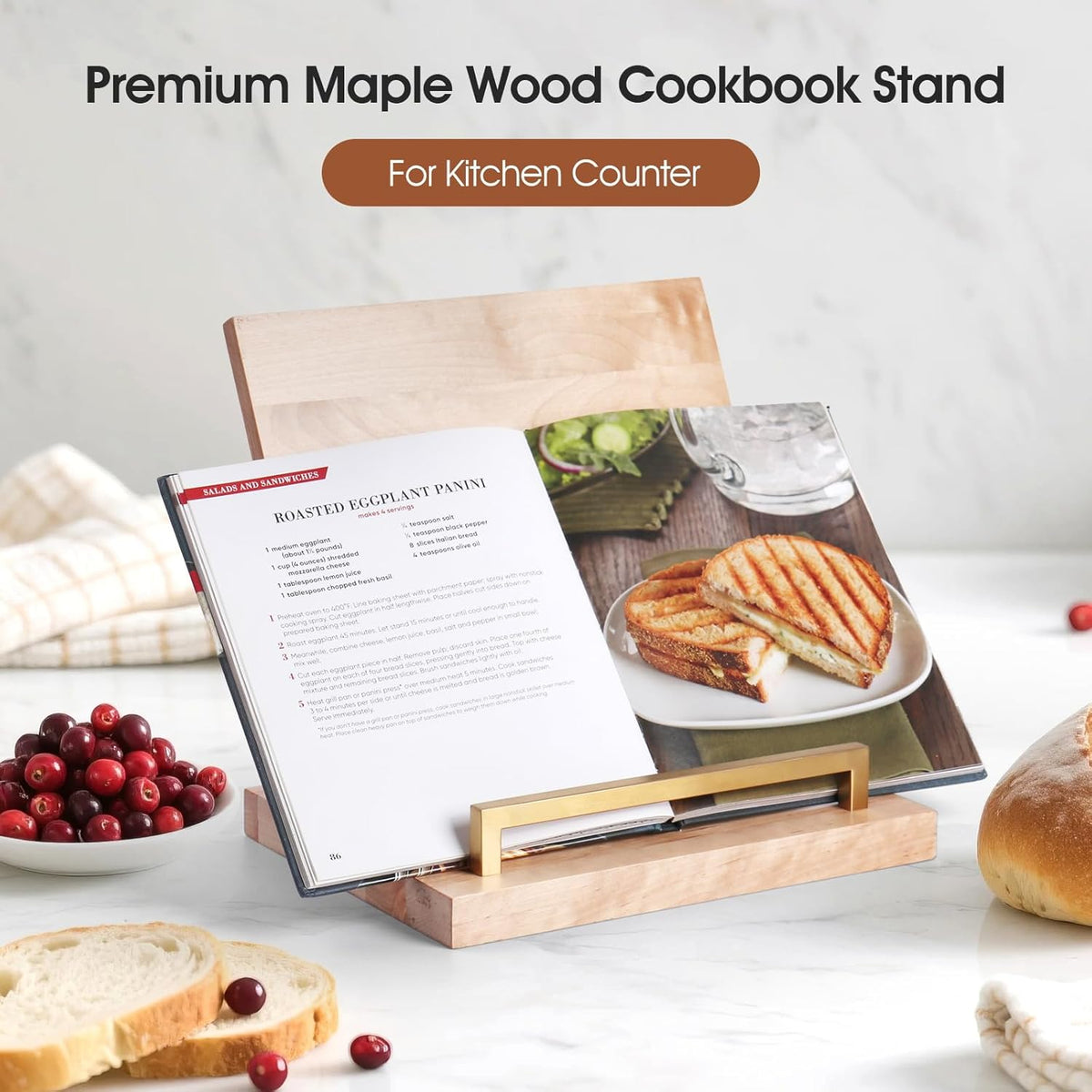 Wooden Recipe Book Holder& Kitchen Serving Tray for Kitchen Counter Decor | Wood Cookbook Stand with Removable Cutting