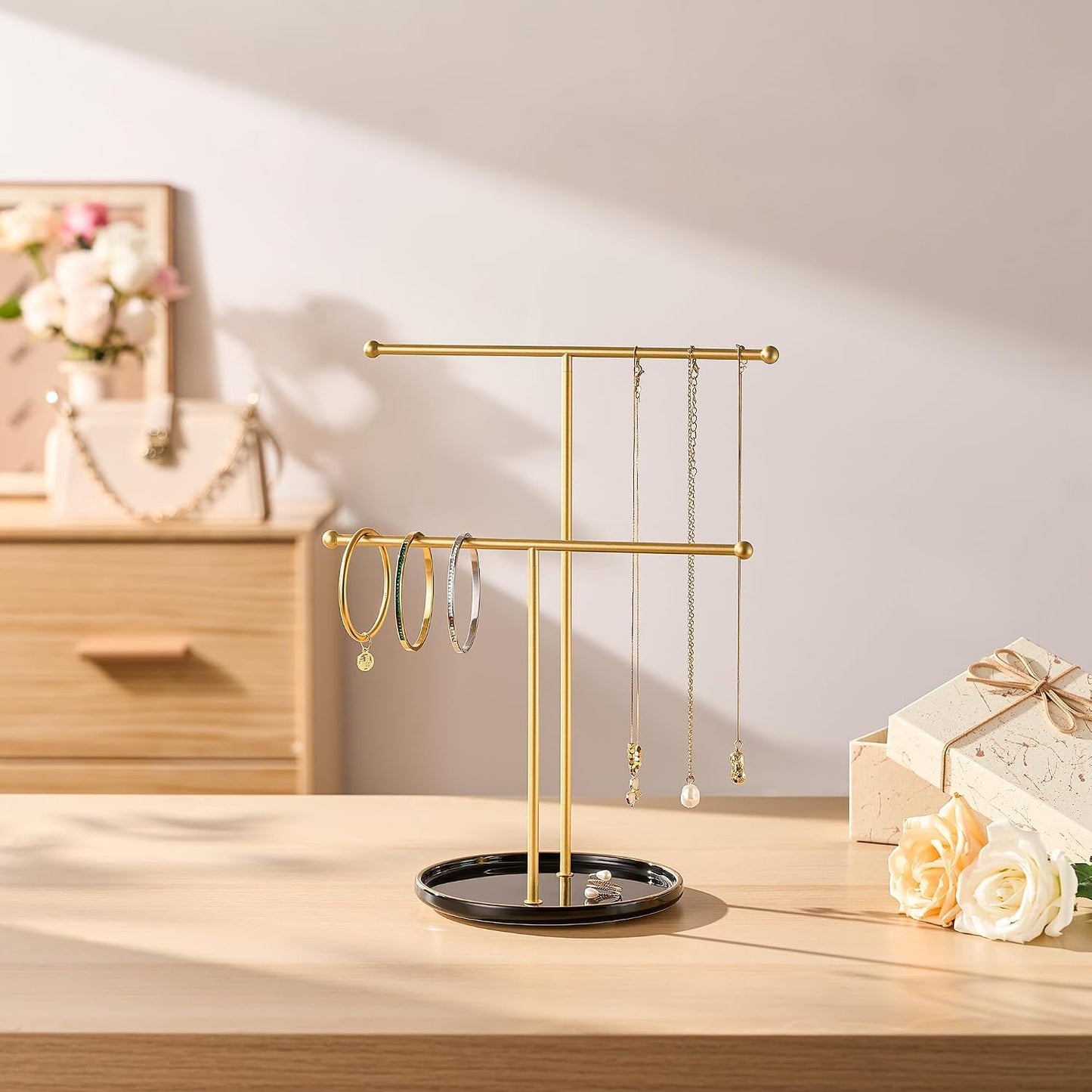 Ceramic Tray / Gold Jewelry Holder Stand / Black Tray Gold Bar