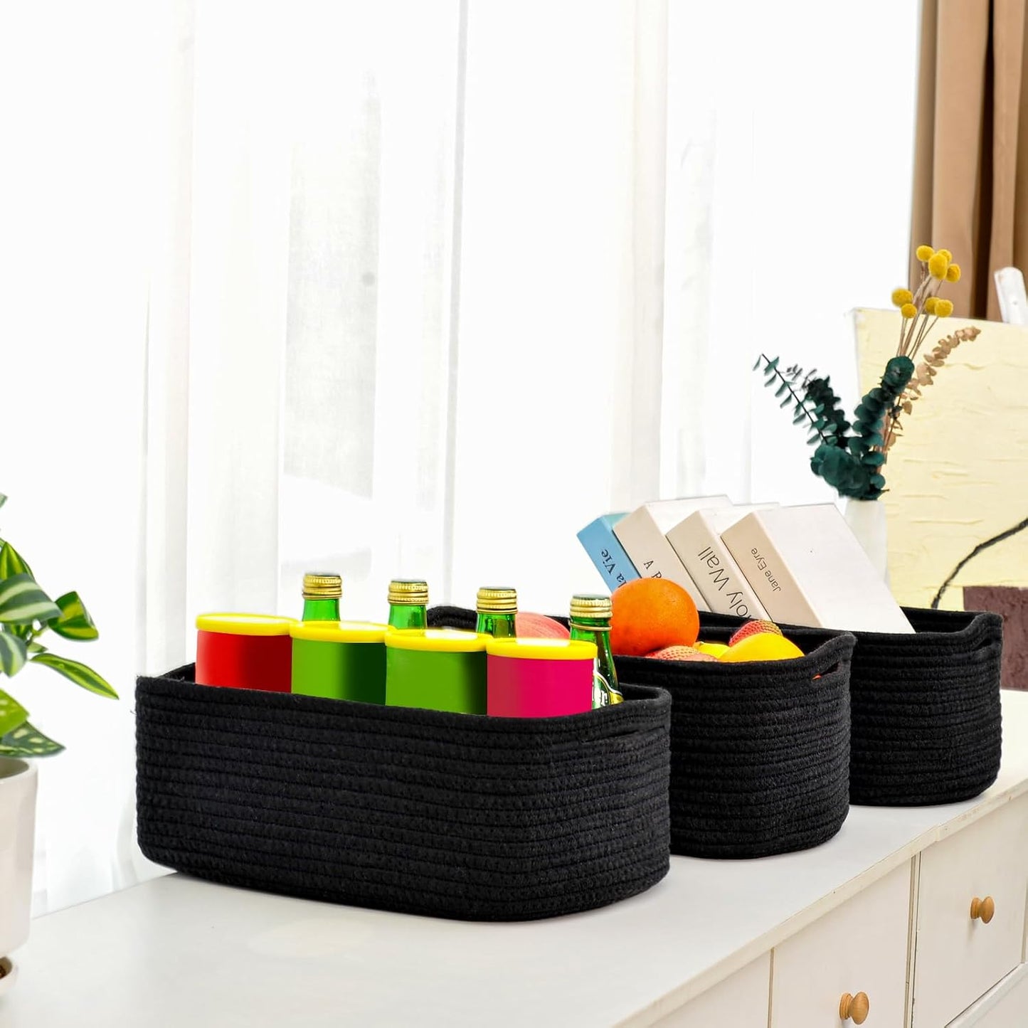 Small Woven Cotton Rope Basket for Storage / 13 x 8.5 x 5.1 / Black
