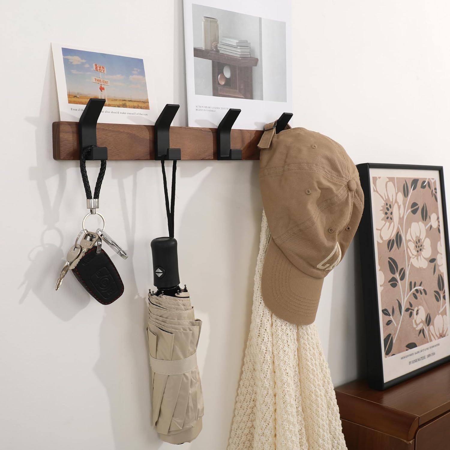 Coat Rack Wall Mount - 15.7 Inches Walnut Wood Coat Hooks Coat Rack Wall Mount with 4 Hooks Black Aluminum Coat Hooks