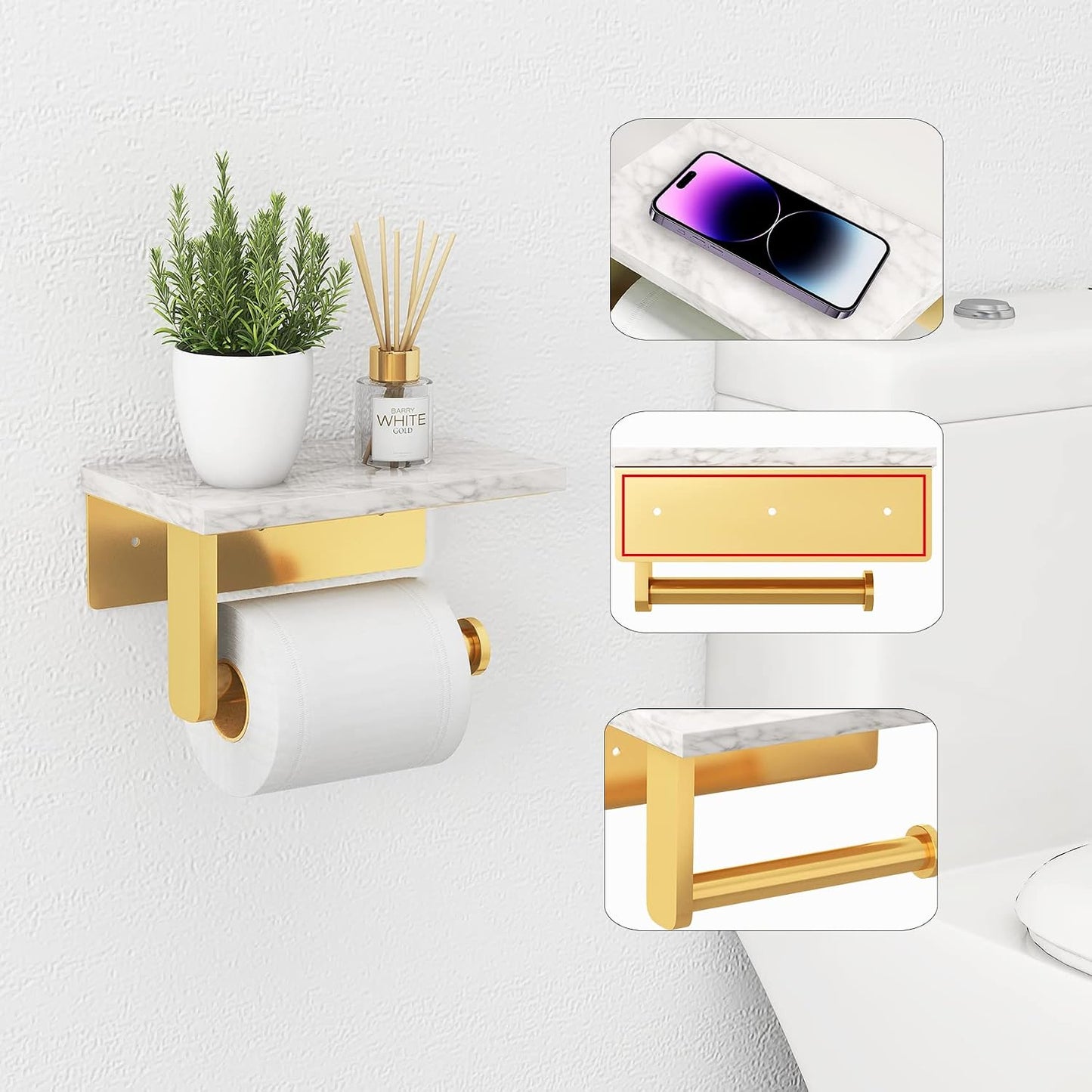 Gypie Toilet Paper Holder with Marble Shelf, Wall Mounted Gold | Stainless Steel Screw, Tissue Roll Paper Holder